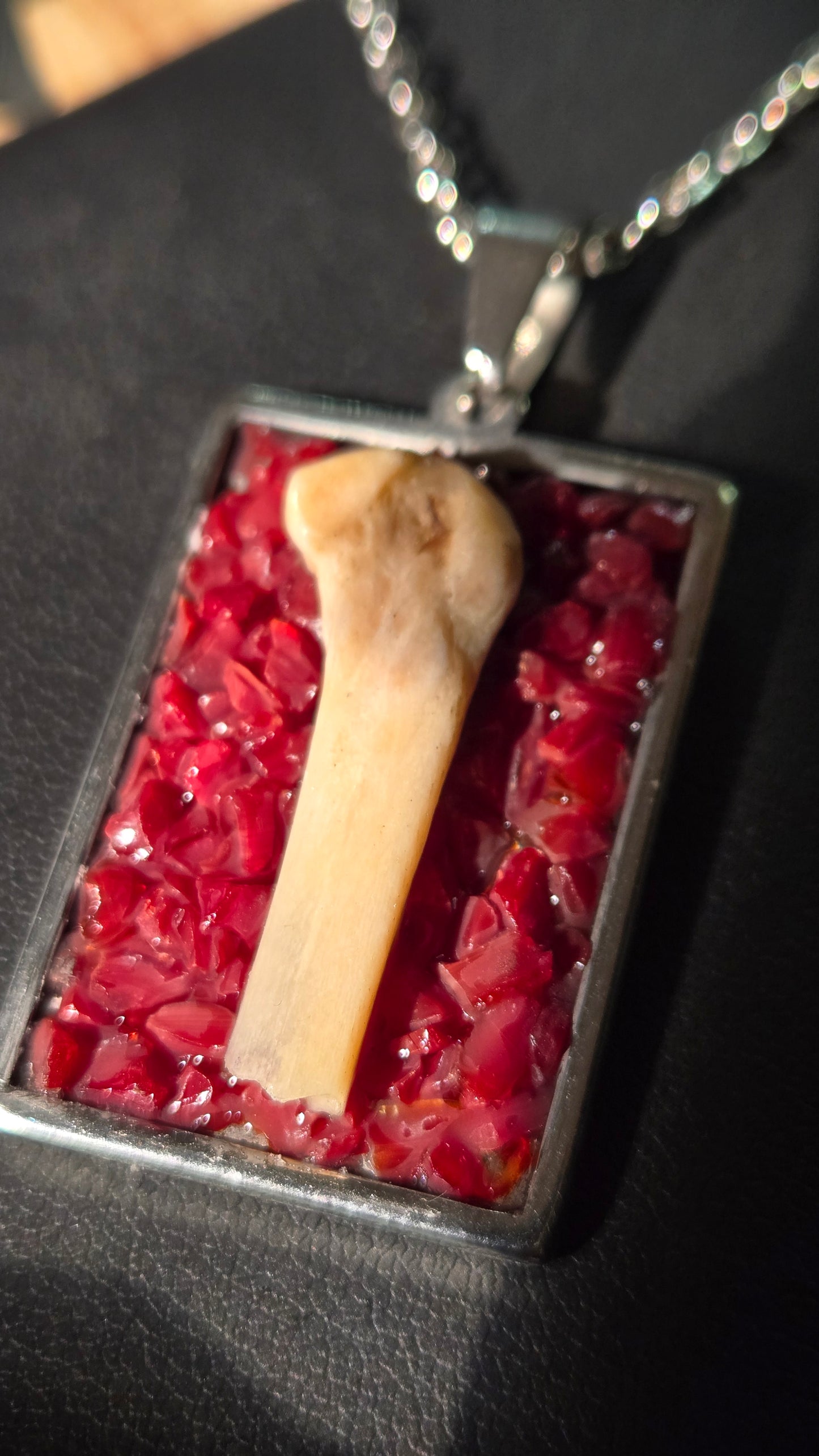 Bone & Ruby Glass Pendant – Found Object Jewelry