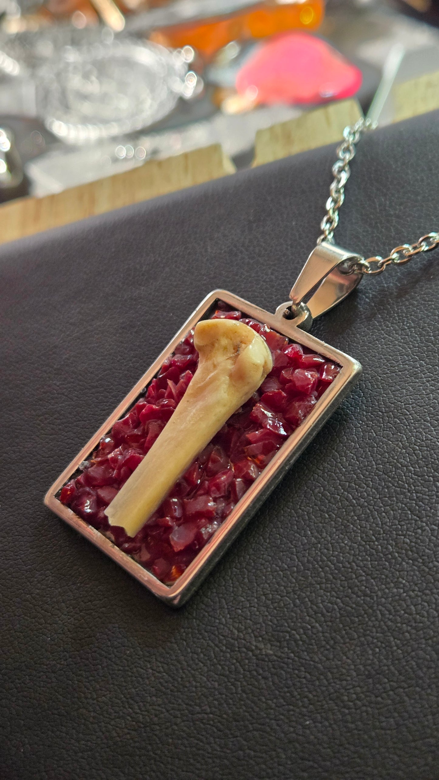 Bone & Ruby Glass Pendant – Found Object Jewelry