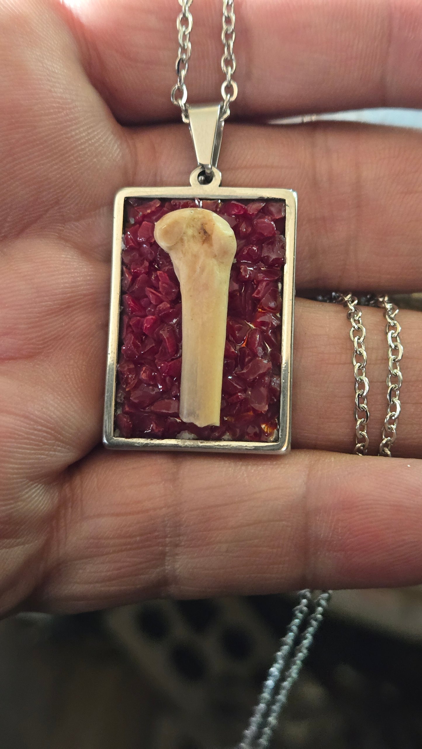 Bone & Ruby Glass Pendant – Found Object Jewelry