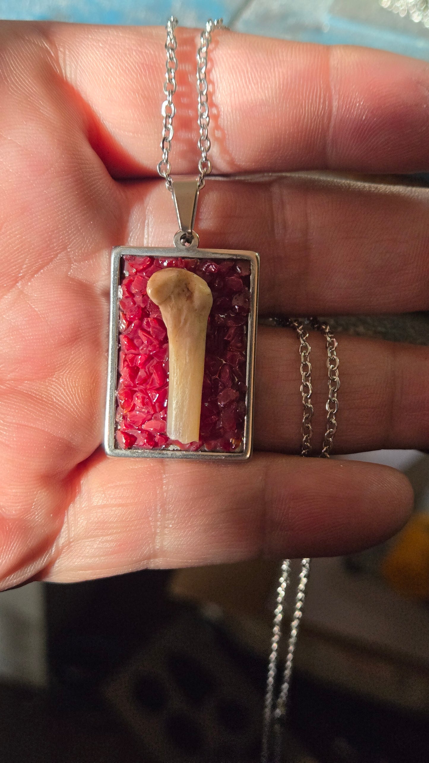 Bone & Ruby Glass Pendant – Found Object Jewelry