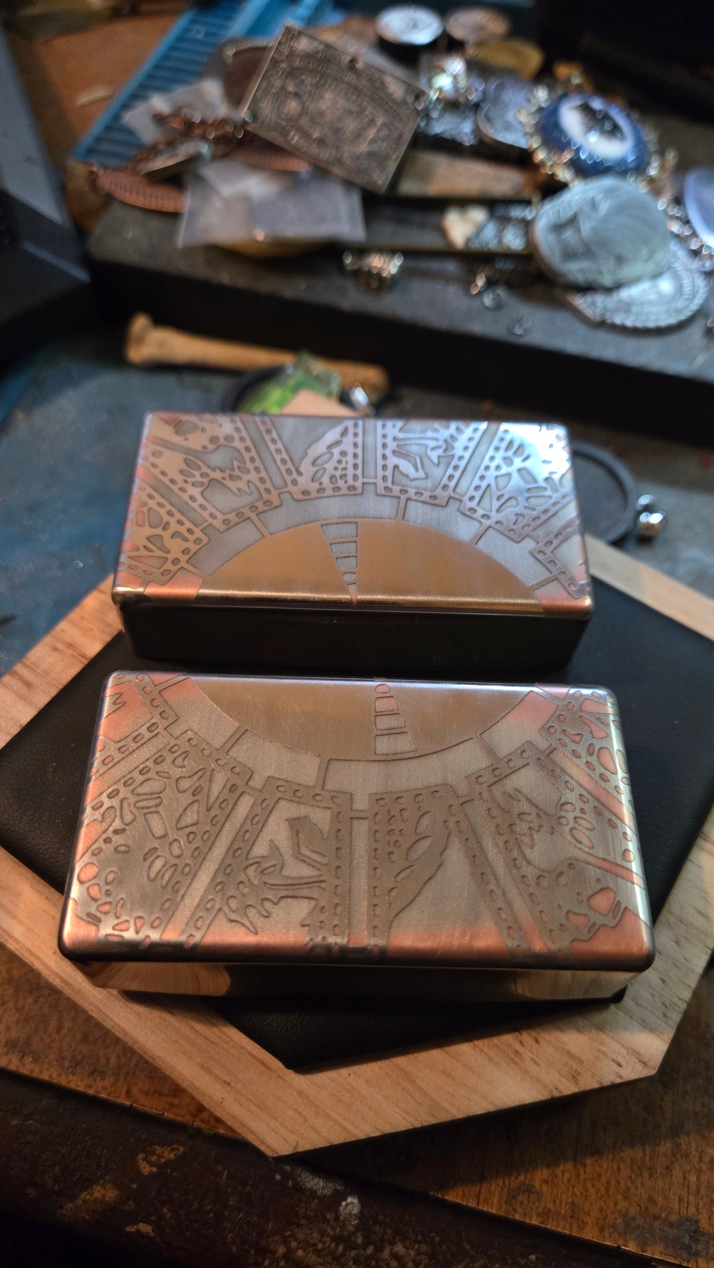 Custom antiqued Hellraiser Themed Guitar Humbucker Covers