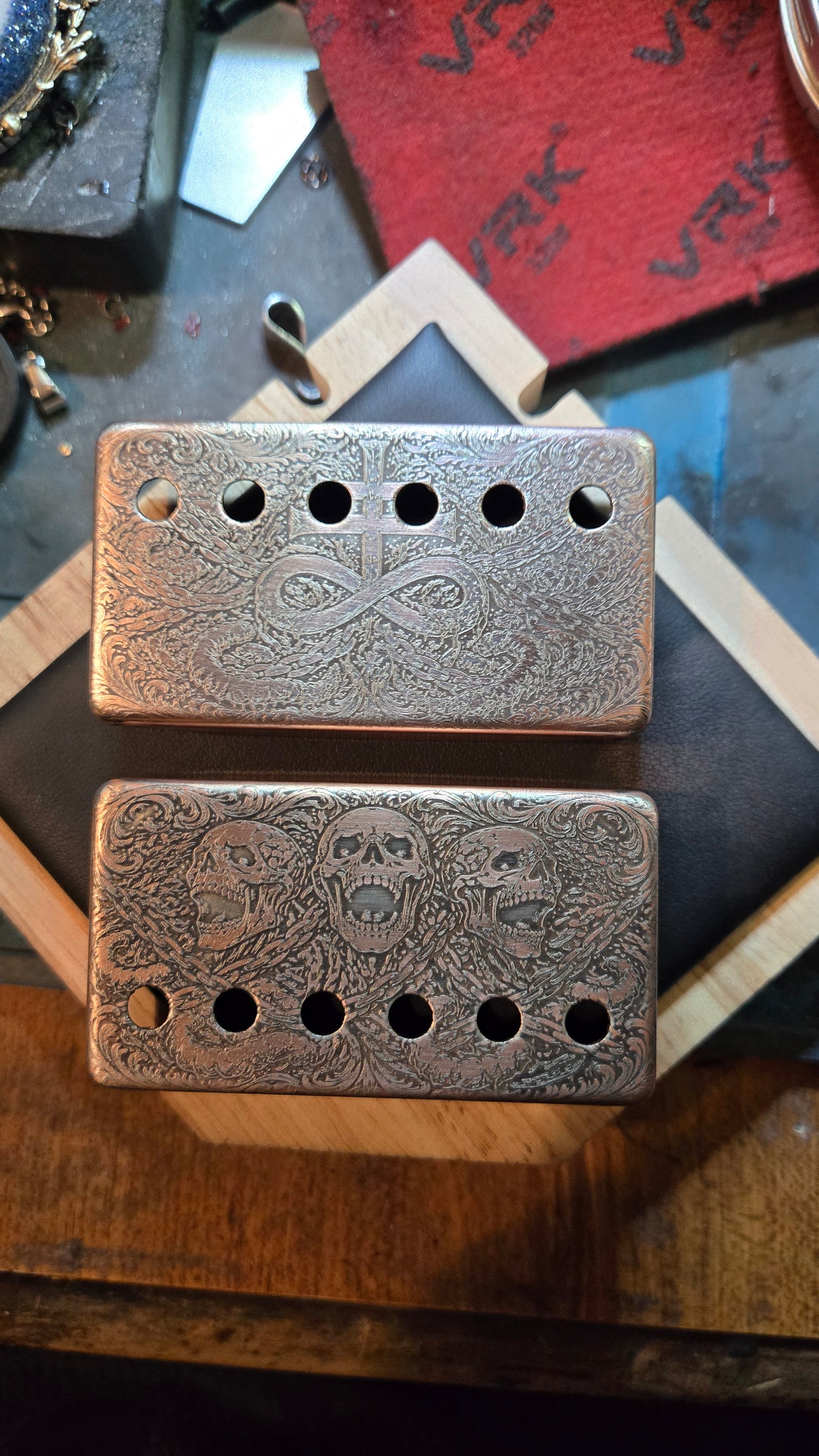 Aged Custom Engraved Brass & Nickel Humbucker Pickup Covers