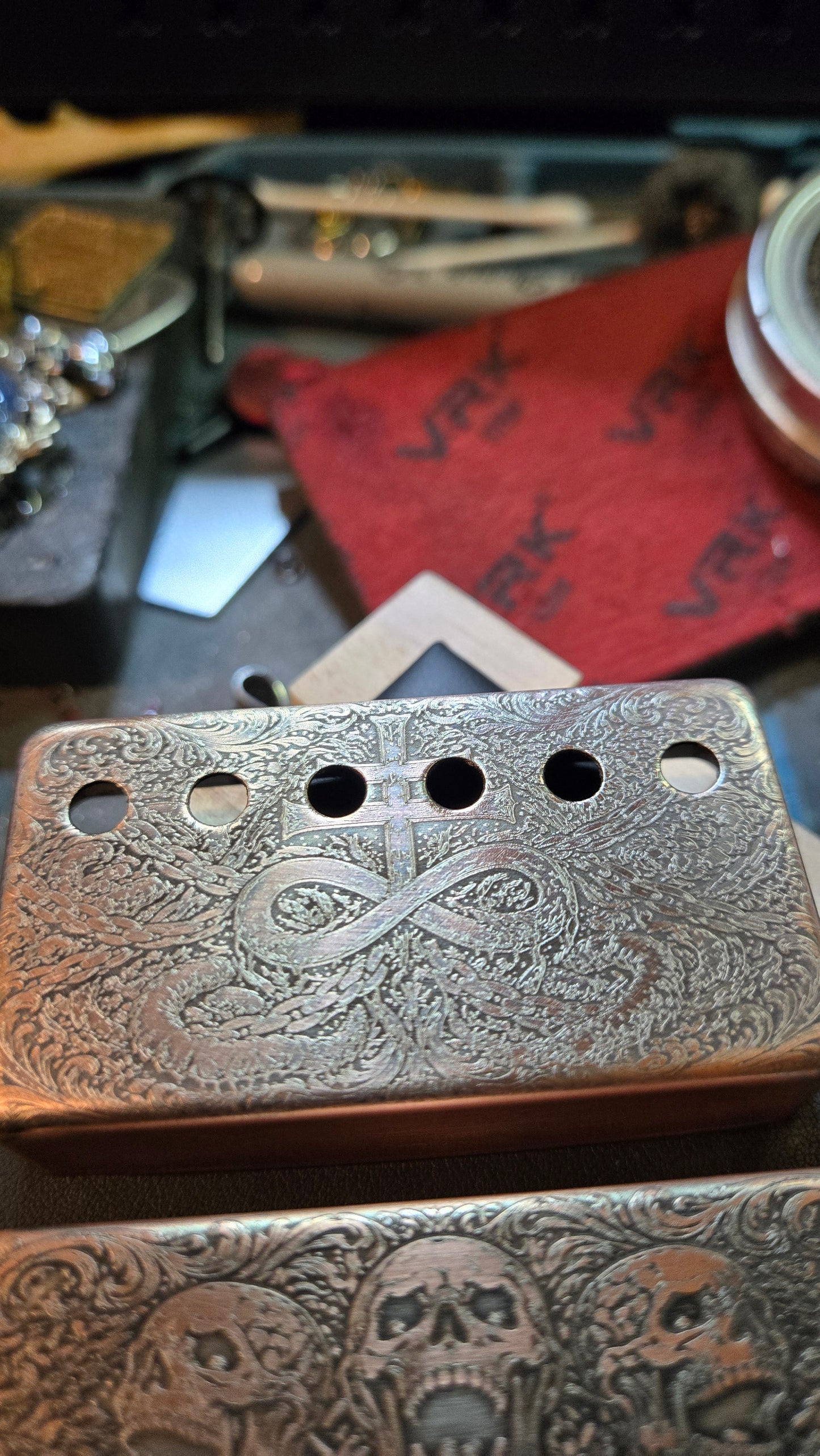 Aged Custom Engraved Brass & Nickel Humbucker Pickup Covers