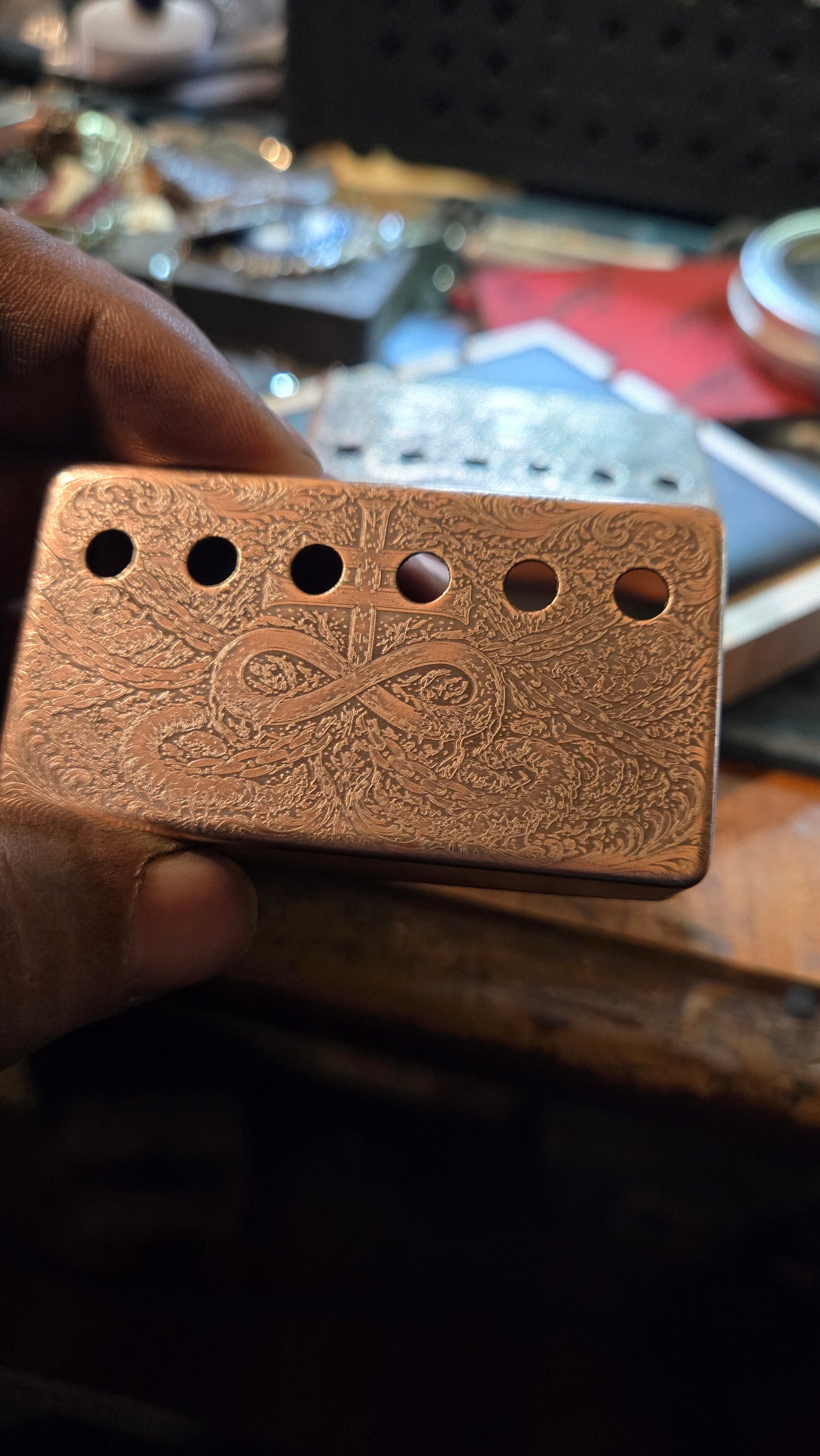 Aged Custom Engraved Brass & Nickel Humbucker Pickup Covers