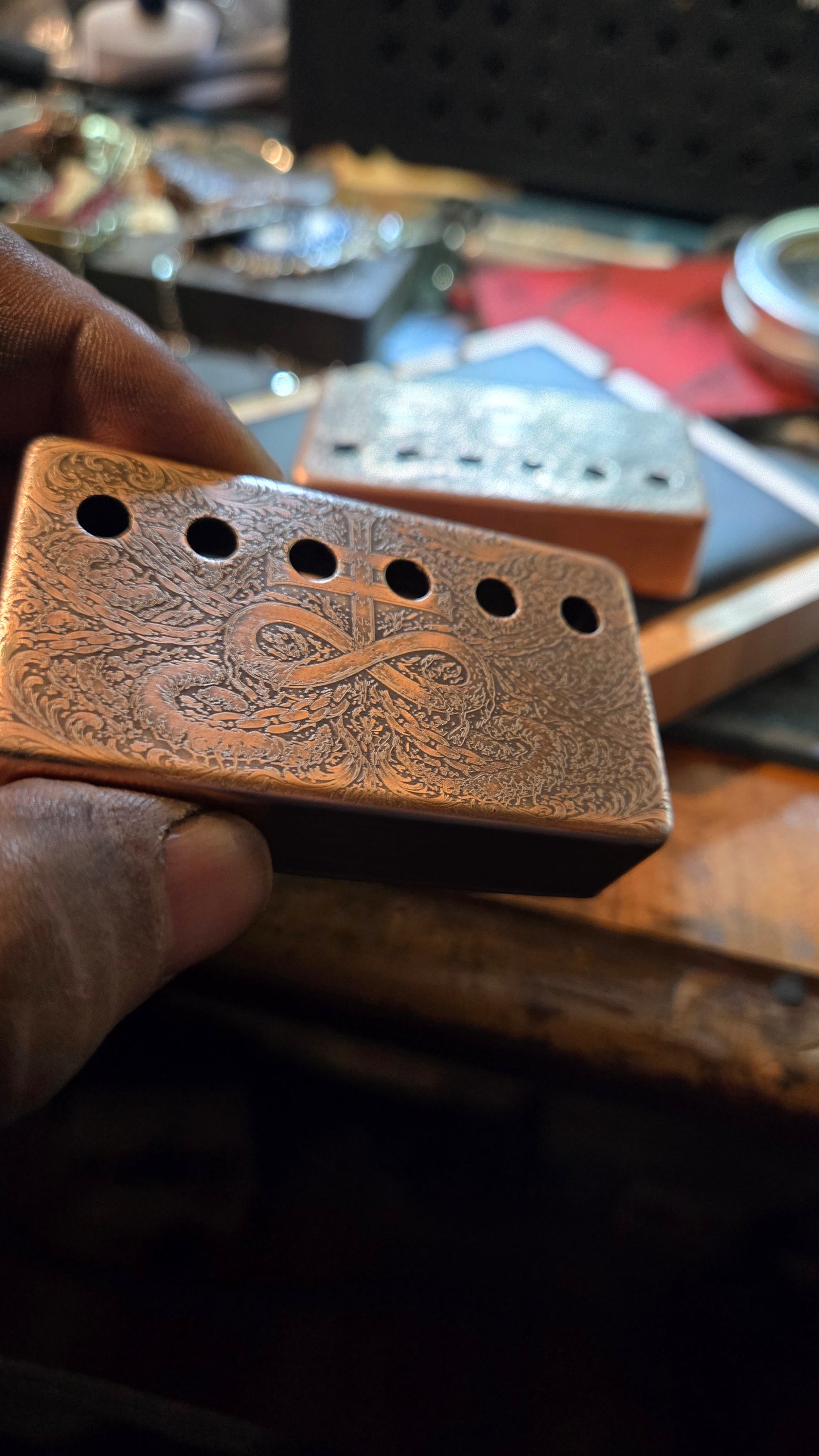 Aged Custom Engraved Brass & Nickel Humbucker Pickup Covers
