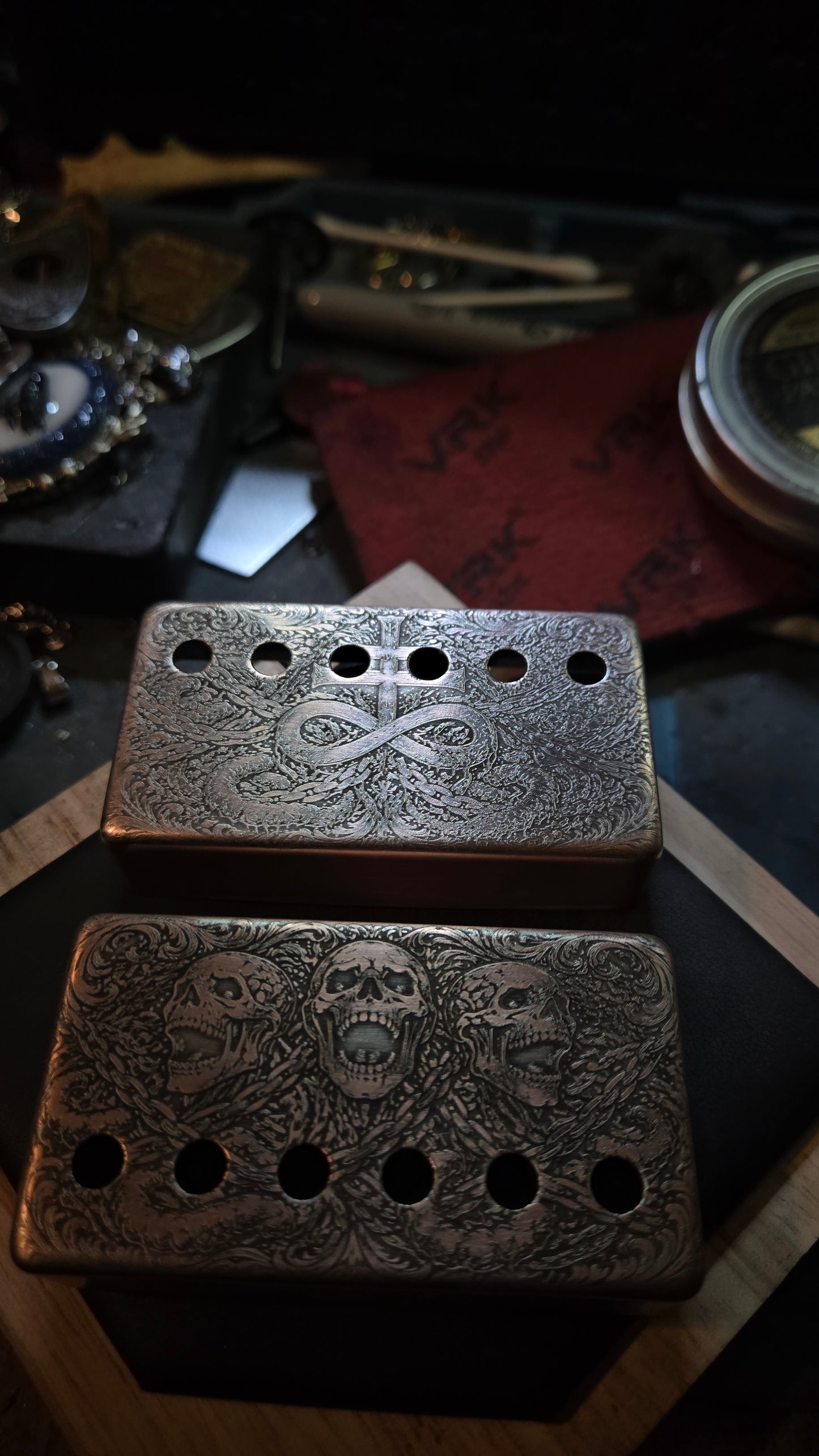 Aged Custom Engraved Brass & Nickel Humbucker Pickup Covers