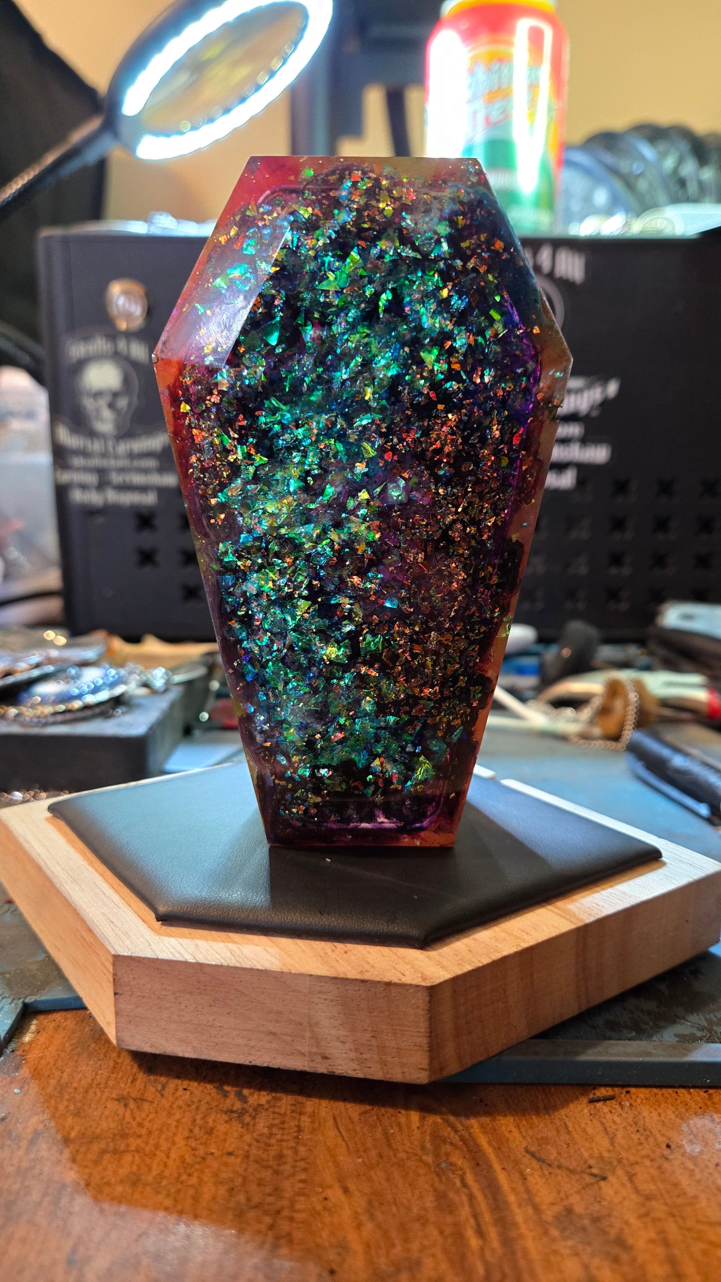 Handmade Resin Coffin Shaped Storage Box – Cosmic Multicolor Finish
