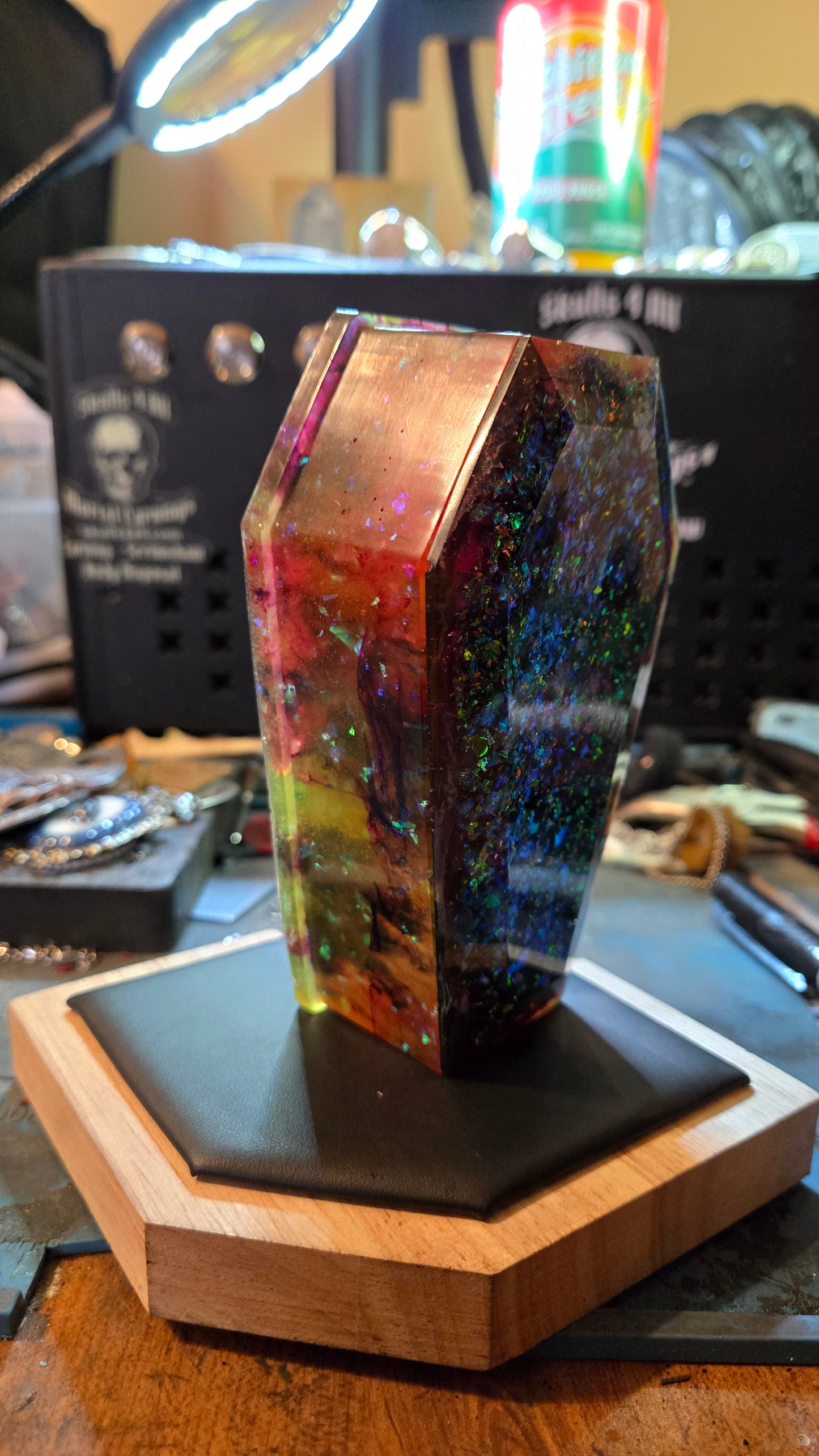 Handmade Resin Coffin Shaped Storage Box – Cosmic Multicolor Finish
