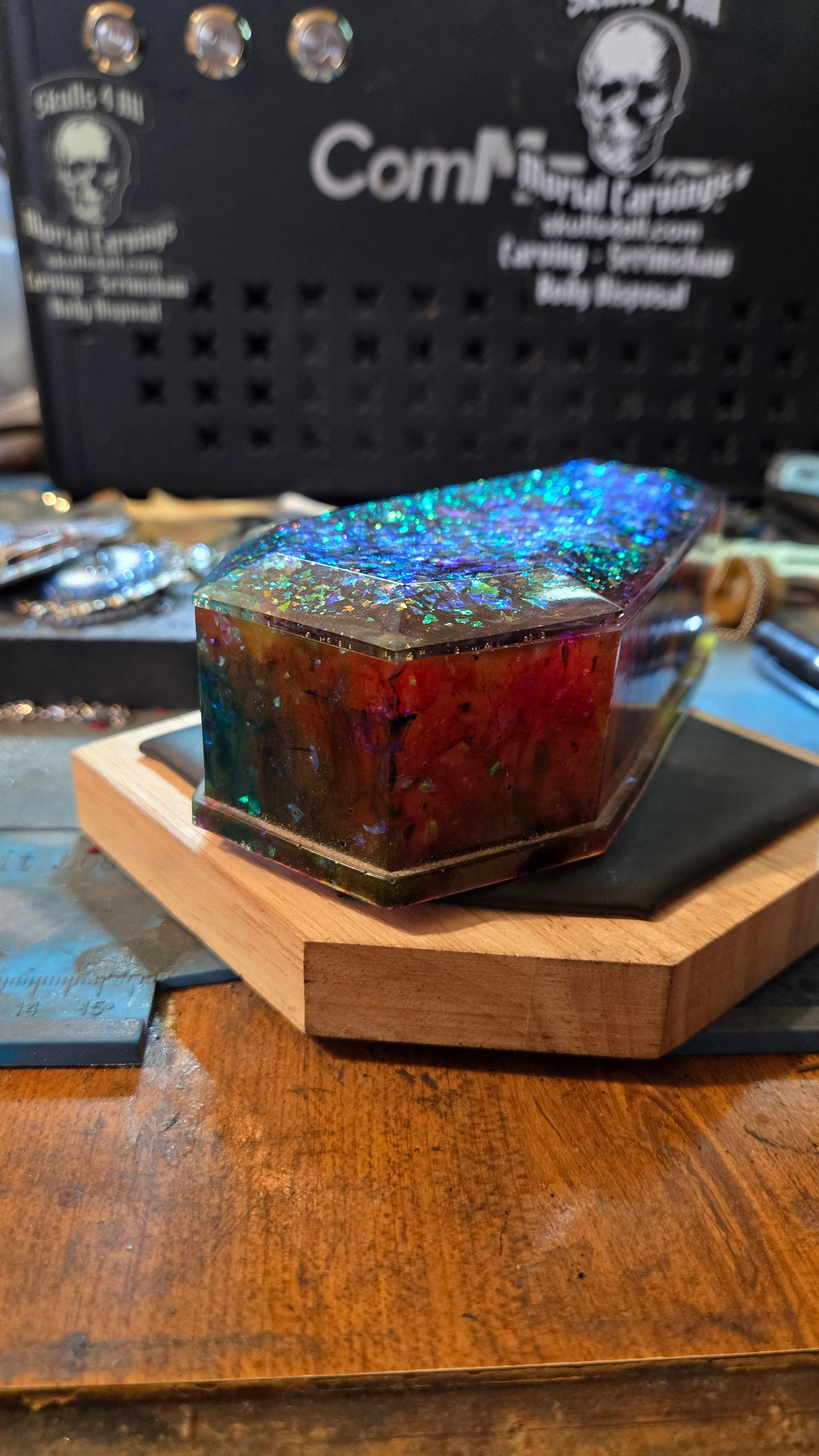 Handmade Resin Coffin Shaped Storage Box – Cosmic Multicolor Finish