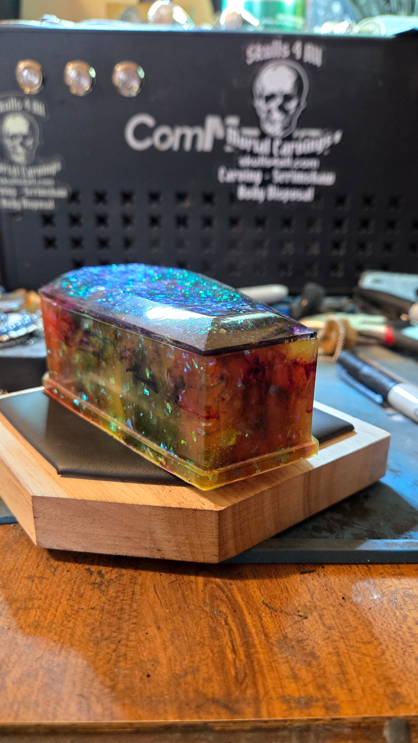 Handmade Resin Coffin Shaped Storage Box – Cosmic Multicolor Finish