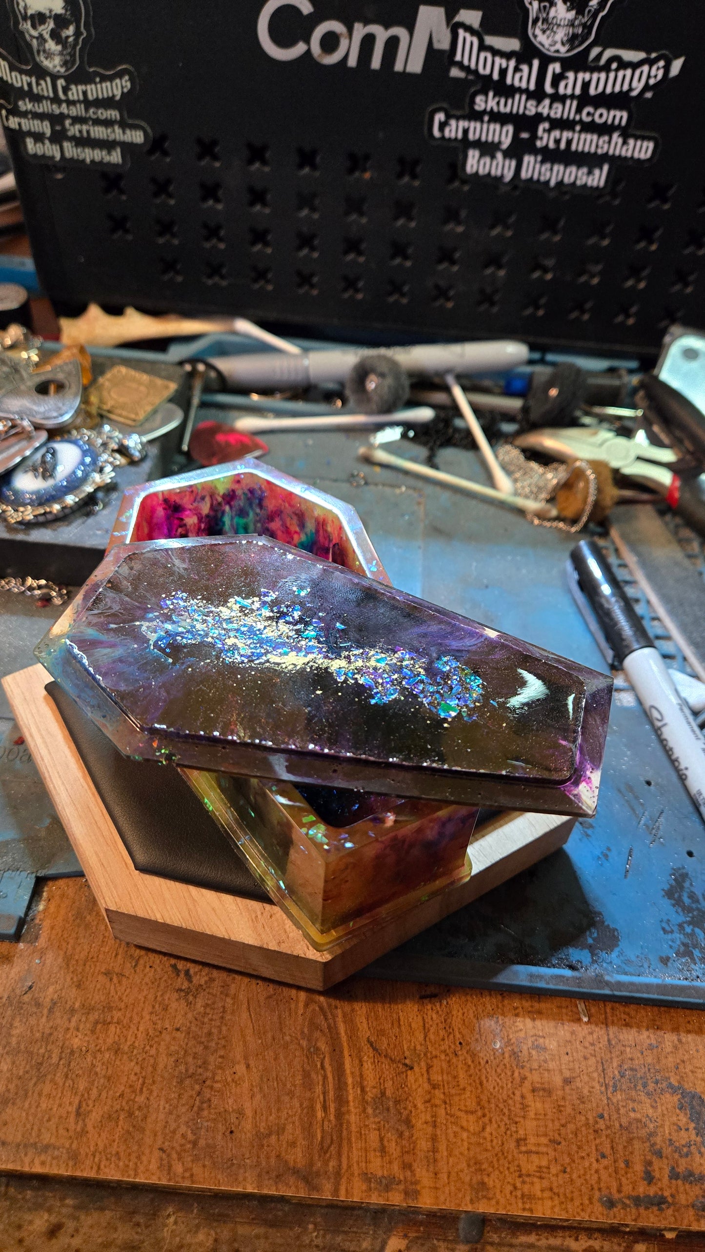 Handmade Resin Coffin Shaped Storage Box – Cosmic Multicolor Finish