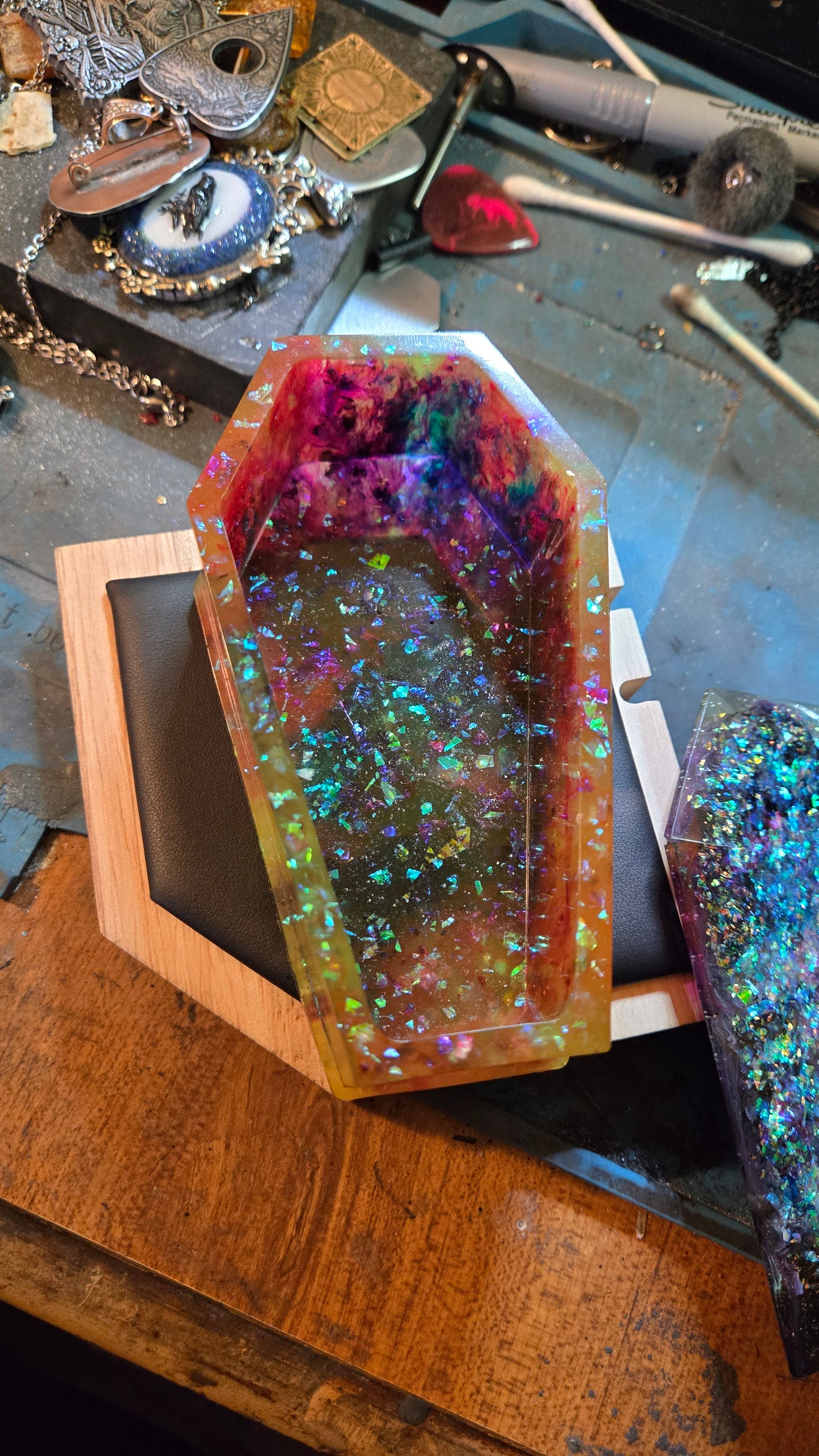 Handmade Resin Coffin Shaped Storage Box – Cosmic Multicolor Finish