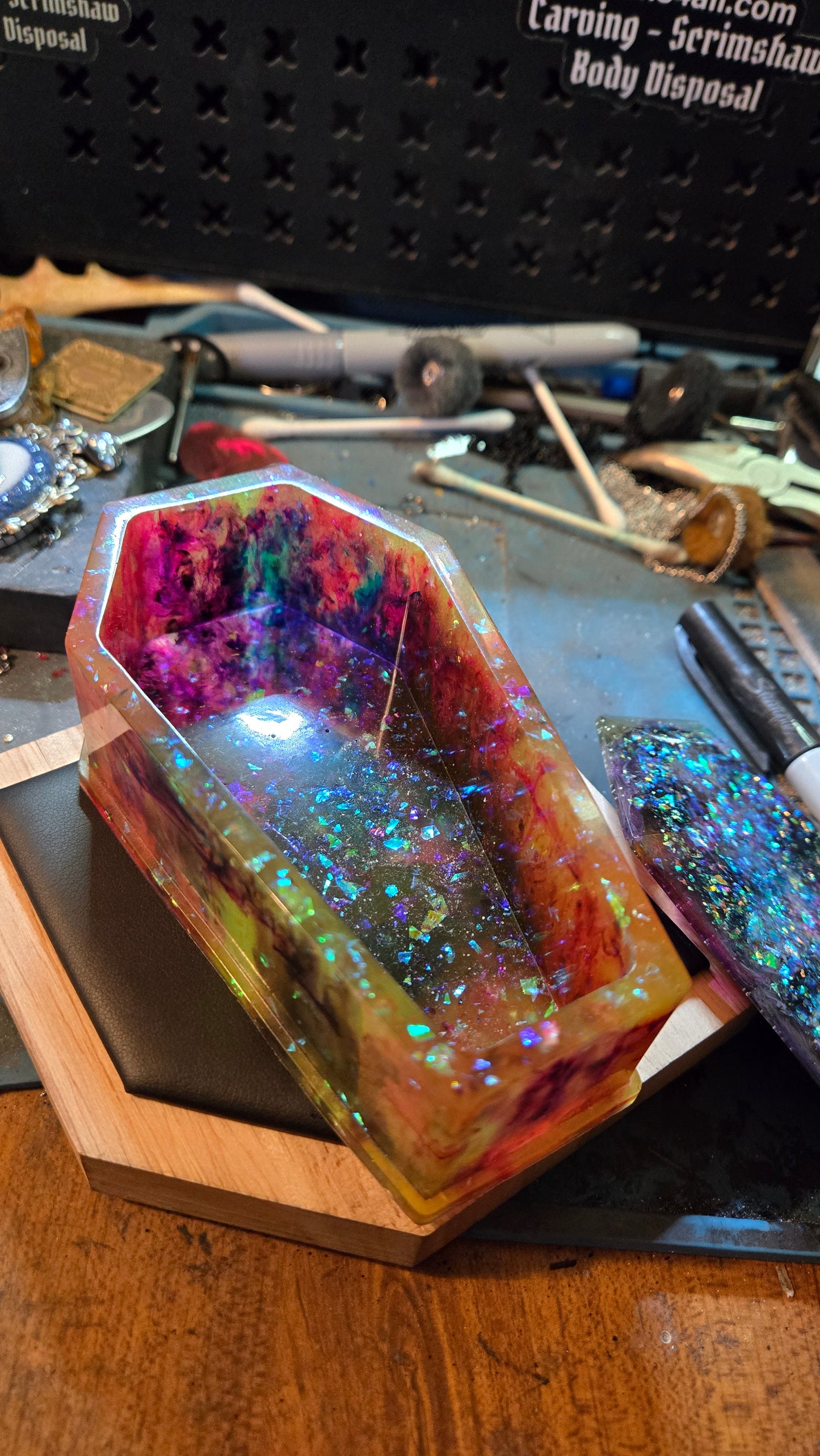 Handmade Resin Coffin Shaped Storage Box – Cosmic Multicolor Finish