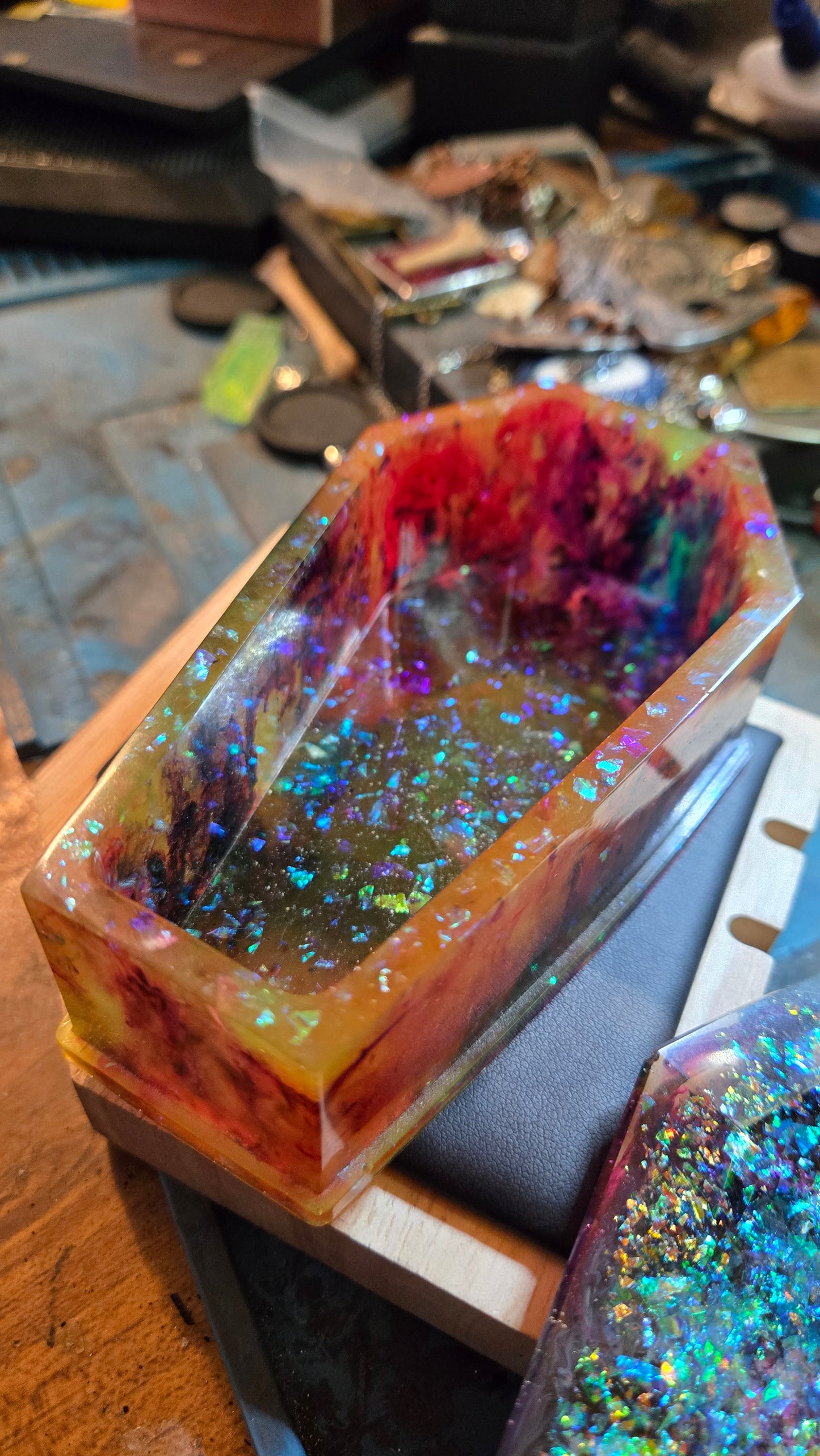 Handmade Resin Coffin Shaped Storage Box – Cosmic Multicolor Finish