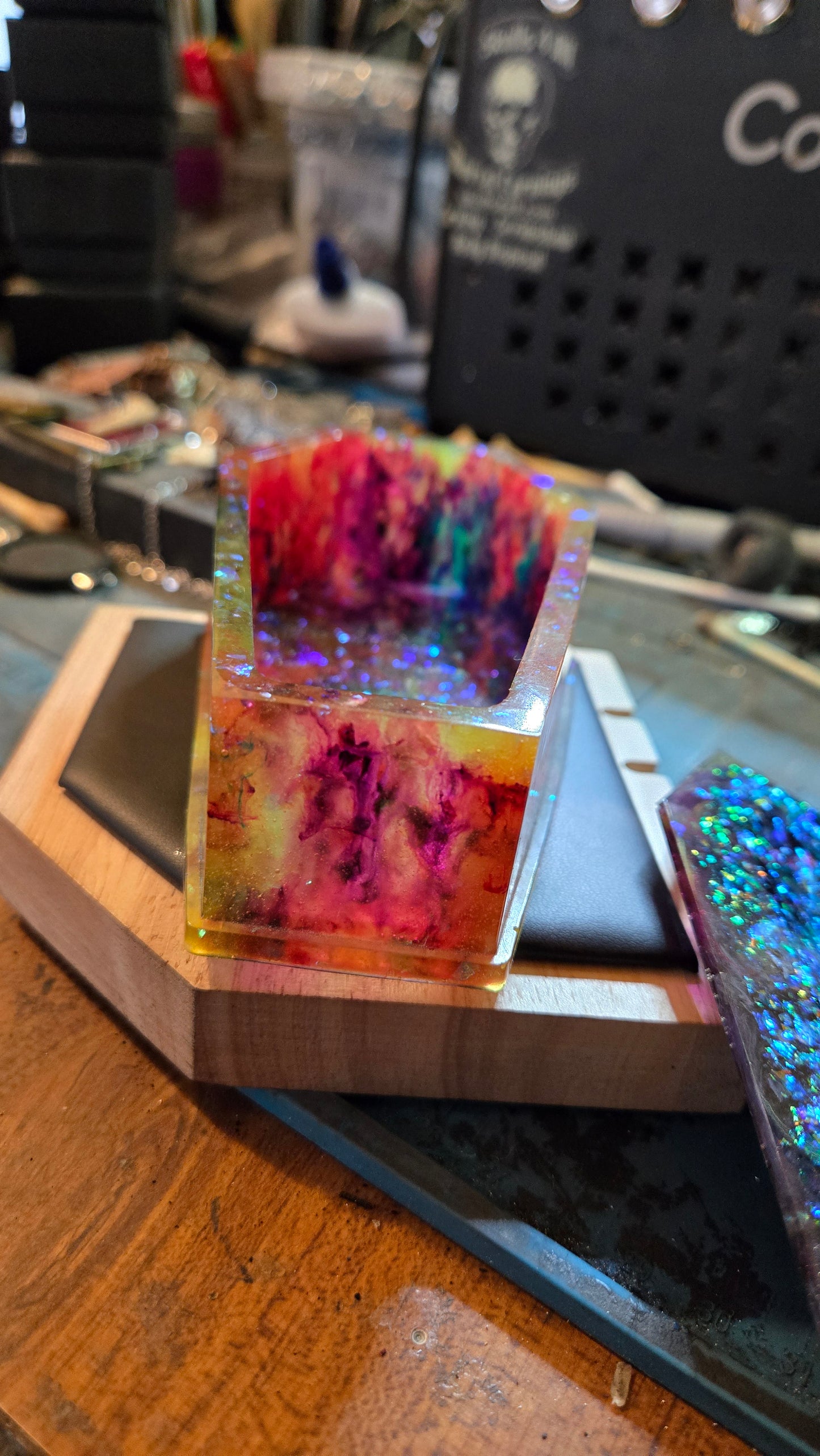 Handmade Resin Coffin Shaped Storage Box – Cosmic Multicolor Finish