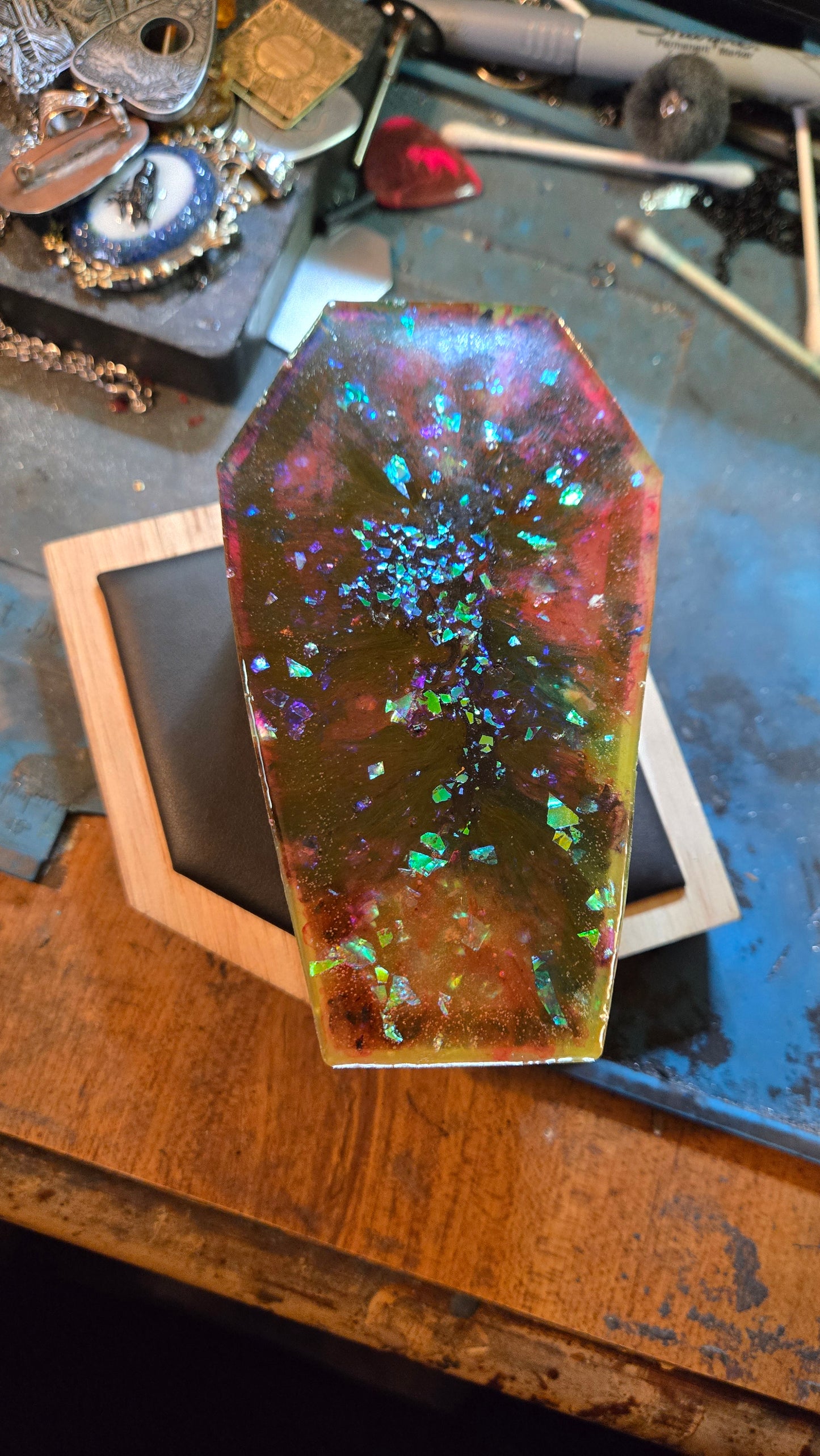 Handmade Resin Coffin Shaped Storage Box – Cosmic Multicolor Finish