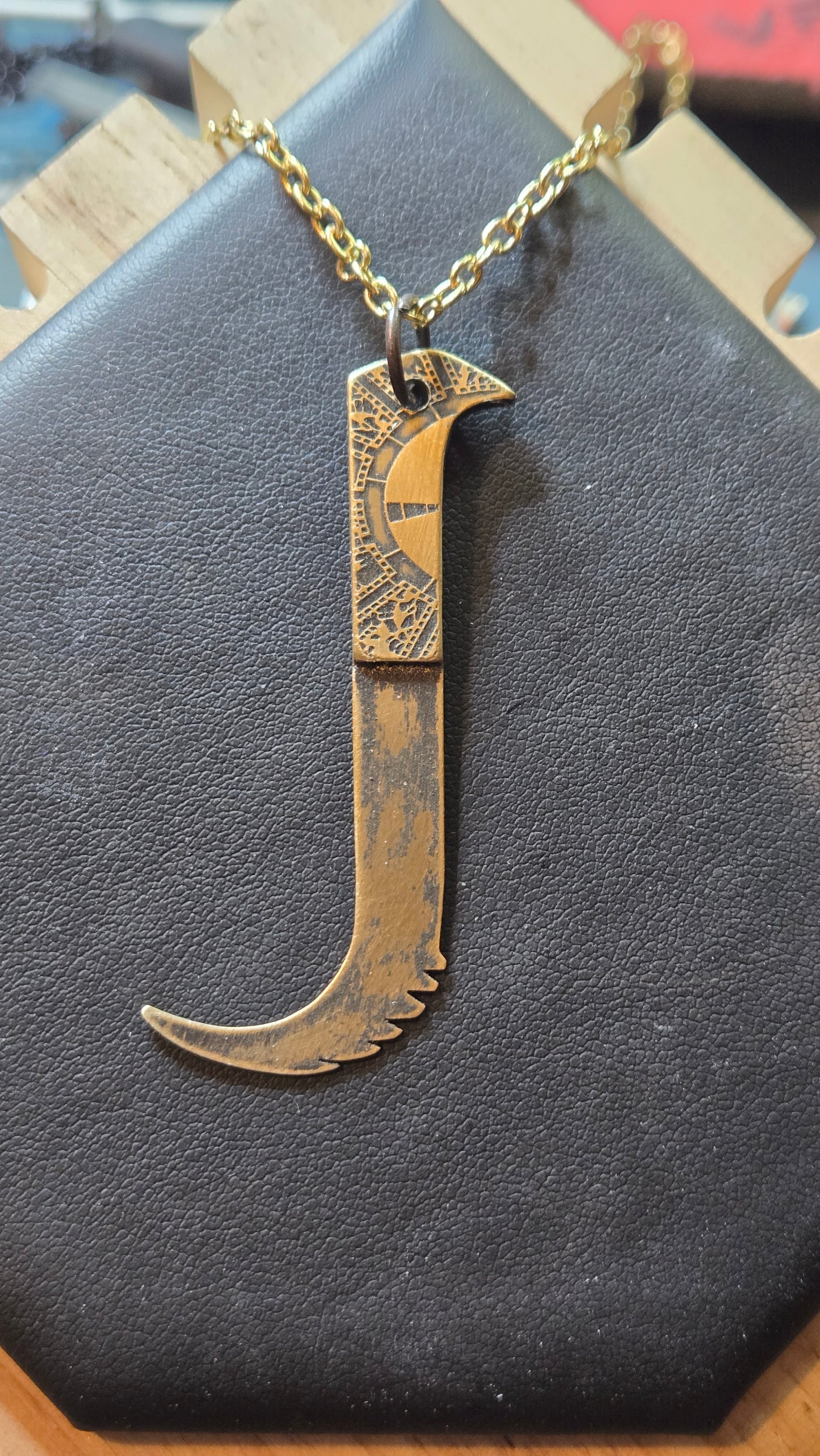 Aged Brass Pinhead Blade Pendant – Double-Sided