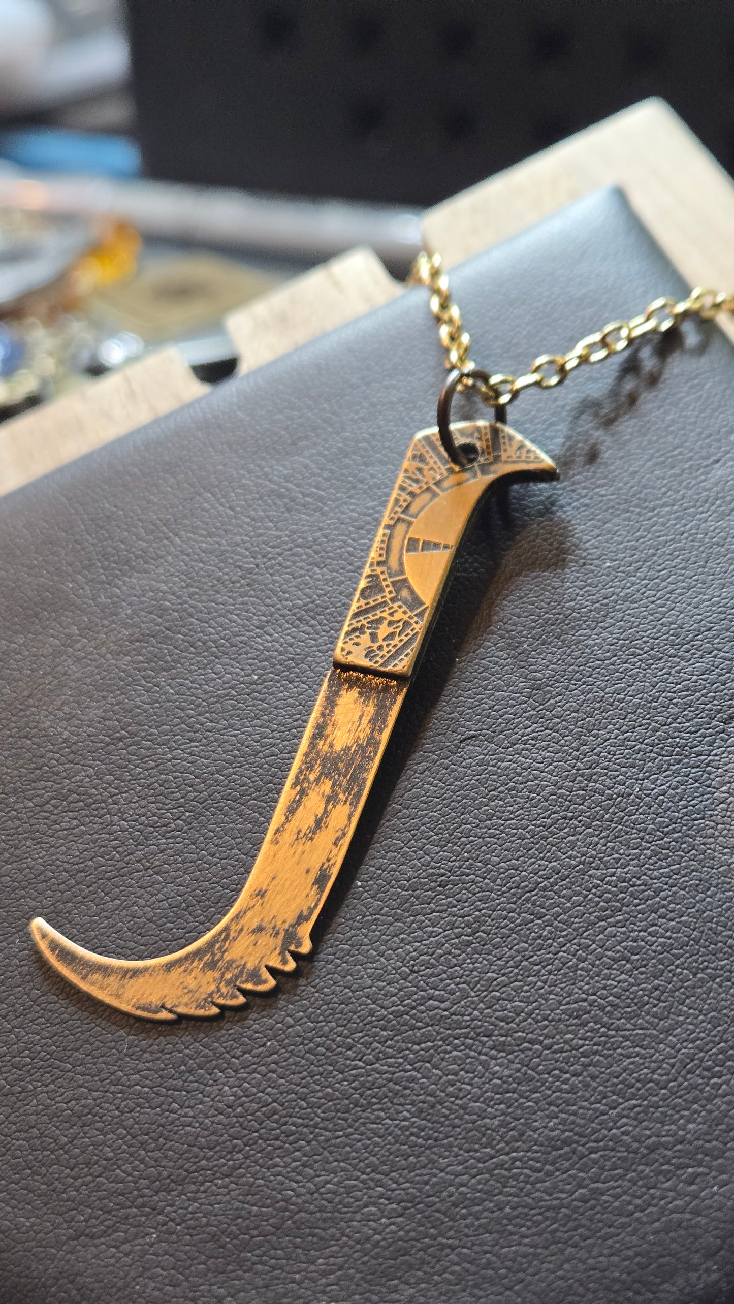Aged Brass Pinhead Blade Pendant – Double-Sided