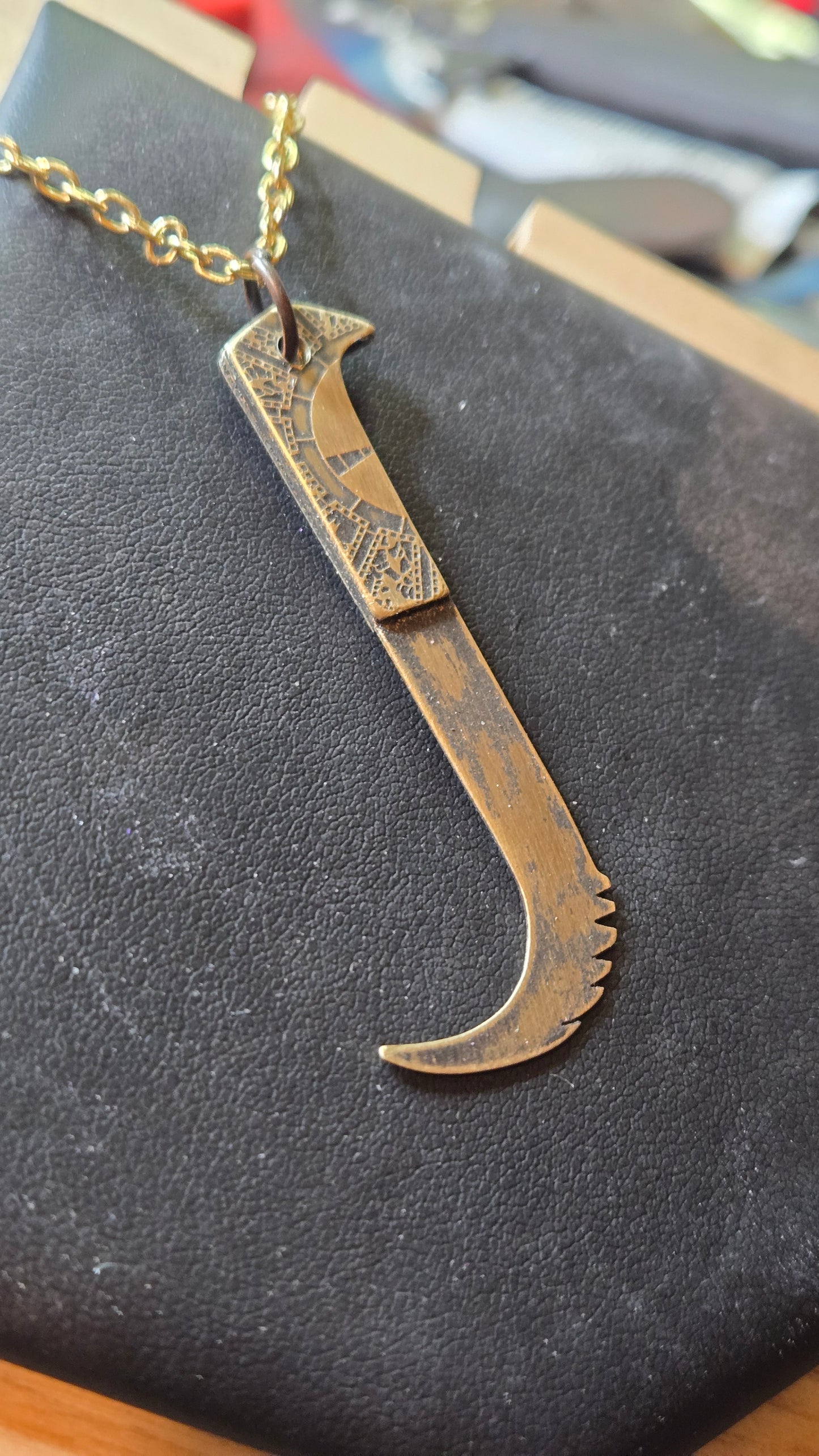 Aged Brass Pinhead Blade Pendant – Double-Sided