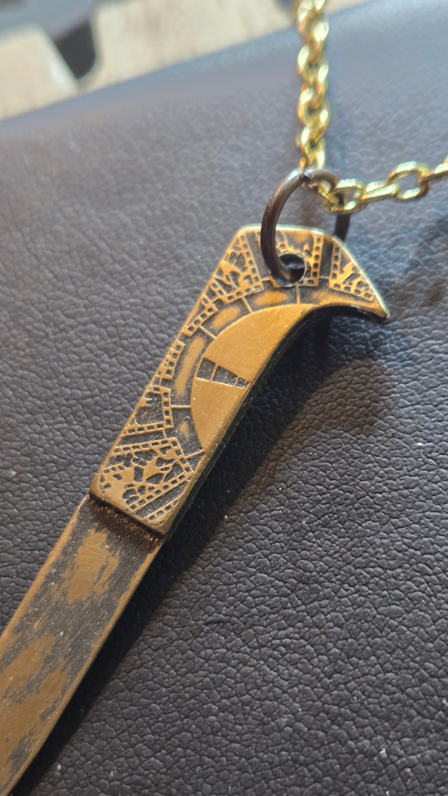 Aged Brass Pinhead Blade Pendant – Double-Sided