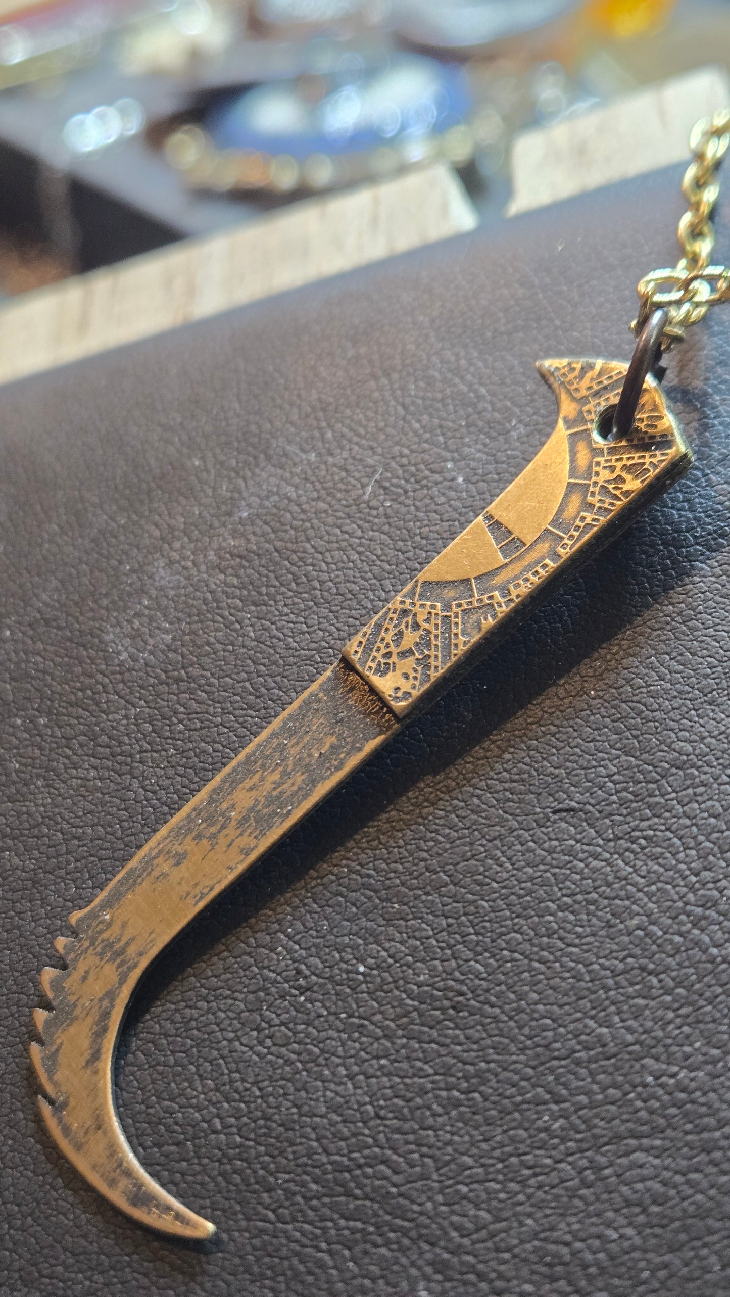 Aged Brass Pinhead Blade Pendant – Double-Sided