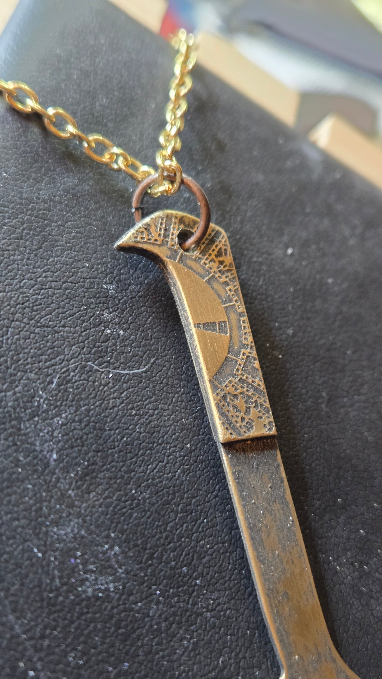 Aged Brass Pinhead Blade Pendant – Double-Sided