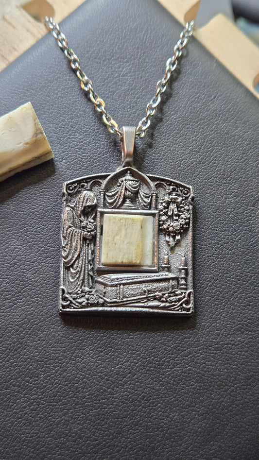Funeral Relic Pendant – Hand-Aged Bas Relief with Real Bone Inlay