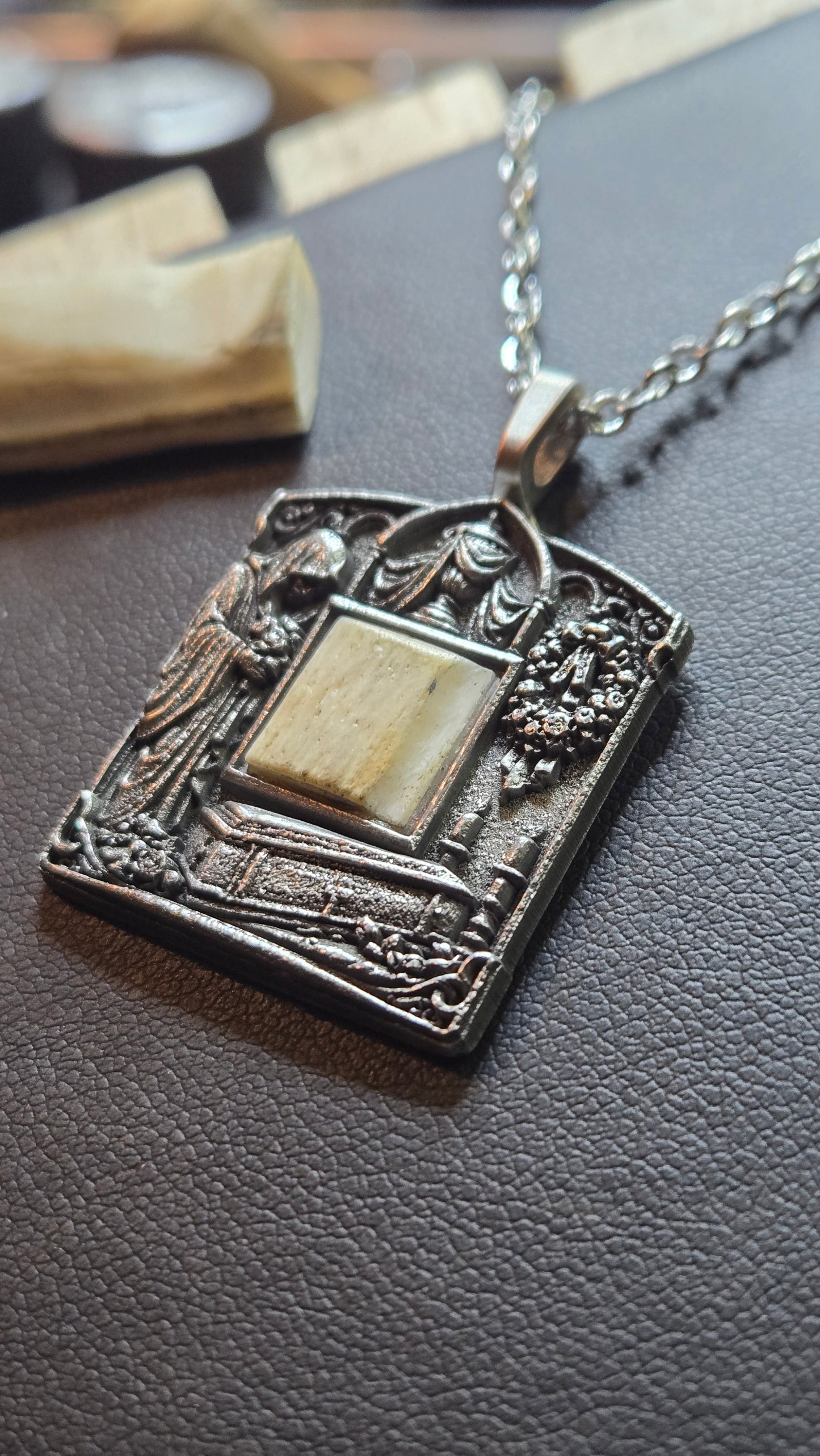 Funeral Relic Pendant – Hand-Aged Bas Relief with Real Bone Inlay