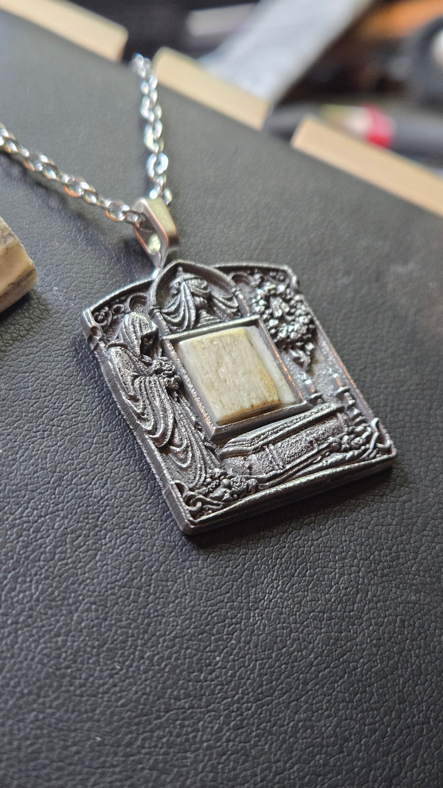 Funeral Relic Pendant – Hand-Aged Bas Relief with Real Bone Inlay