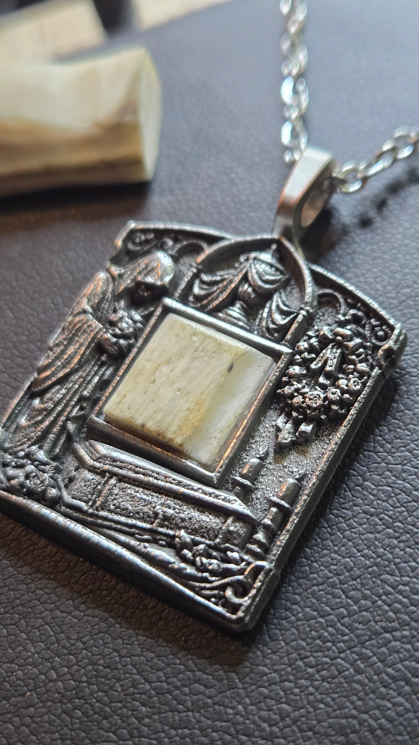 Funeral Relic Pendant – Hand-Aged Bas Relief with Real Bone Inlay