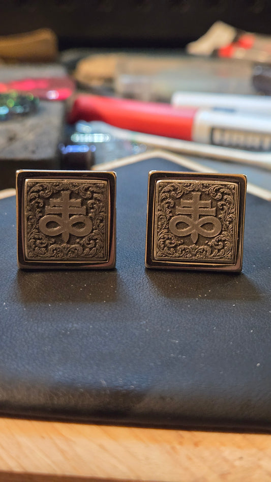 Leviathan Cross Cufflinks – Satanic Cross with Gothic Filigree Stainless inlay.