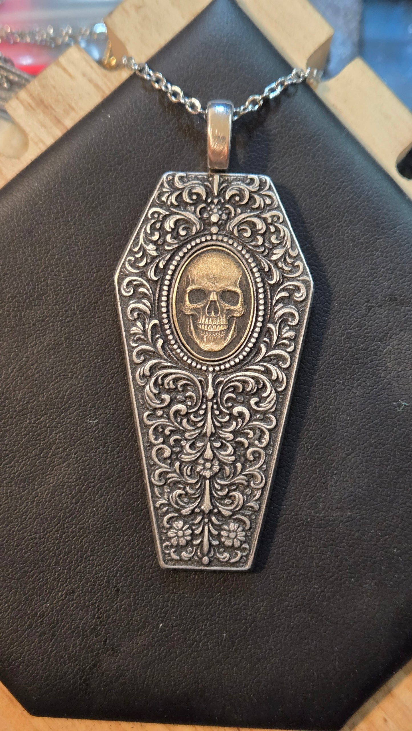 Filigree Coffin Necklace with Brass Skull Inlay