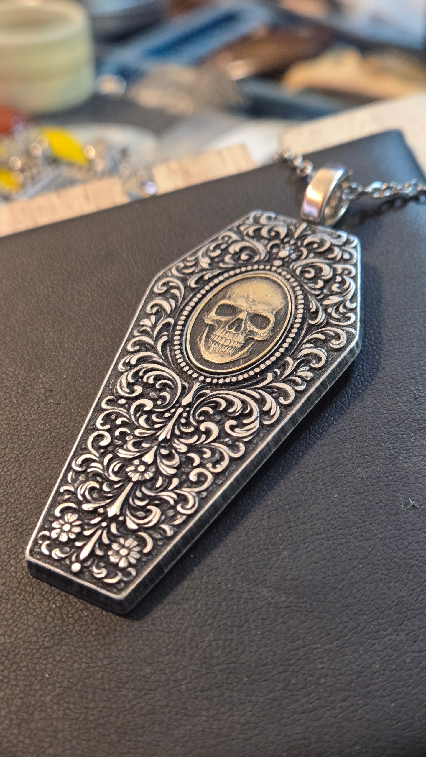 Filigree Coffin Necklace with Brass Skull Inlay