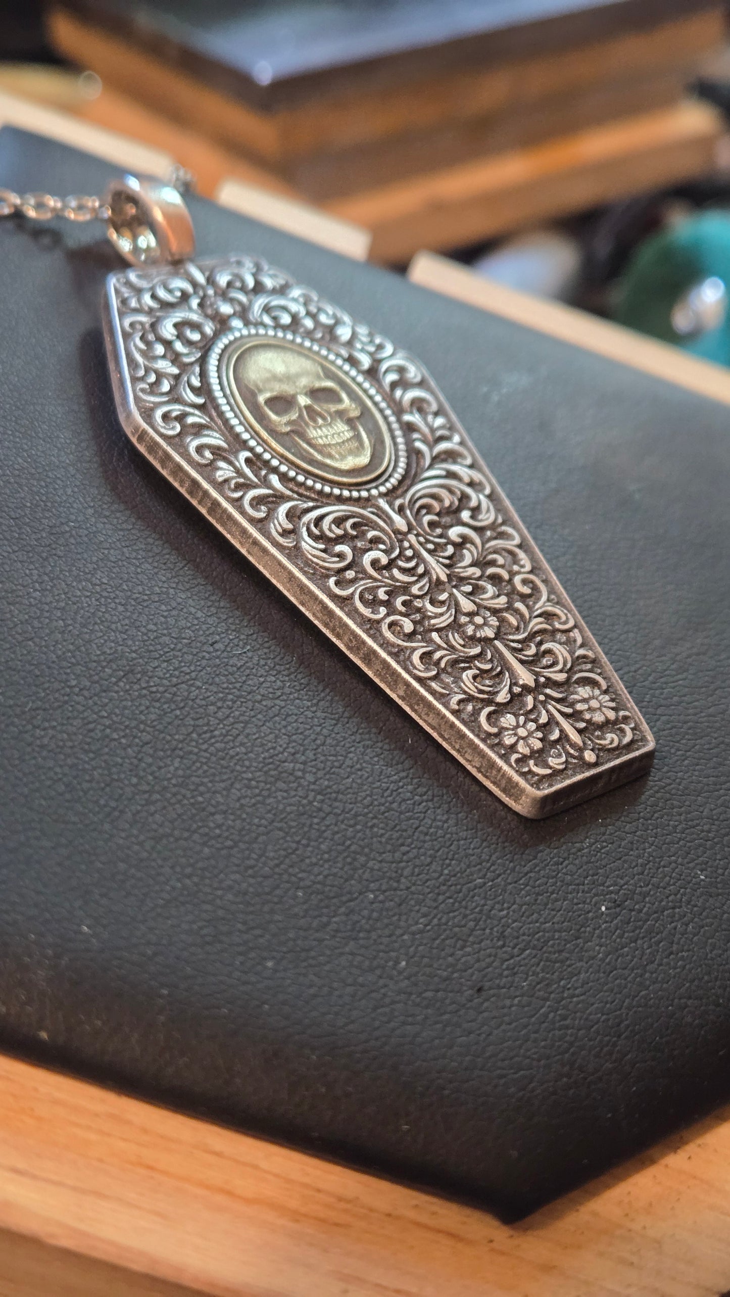 Filigree Coffin Necklace with Brass Skull Inlay