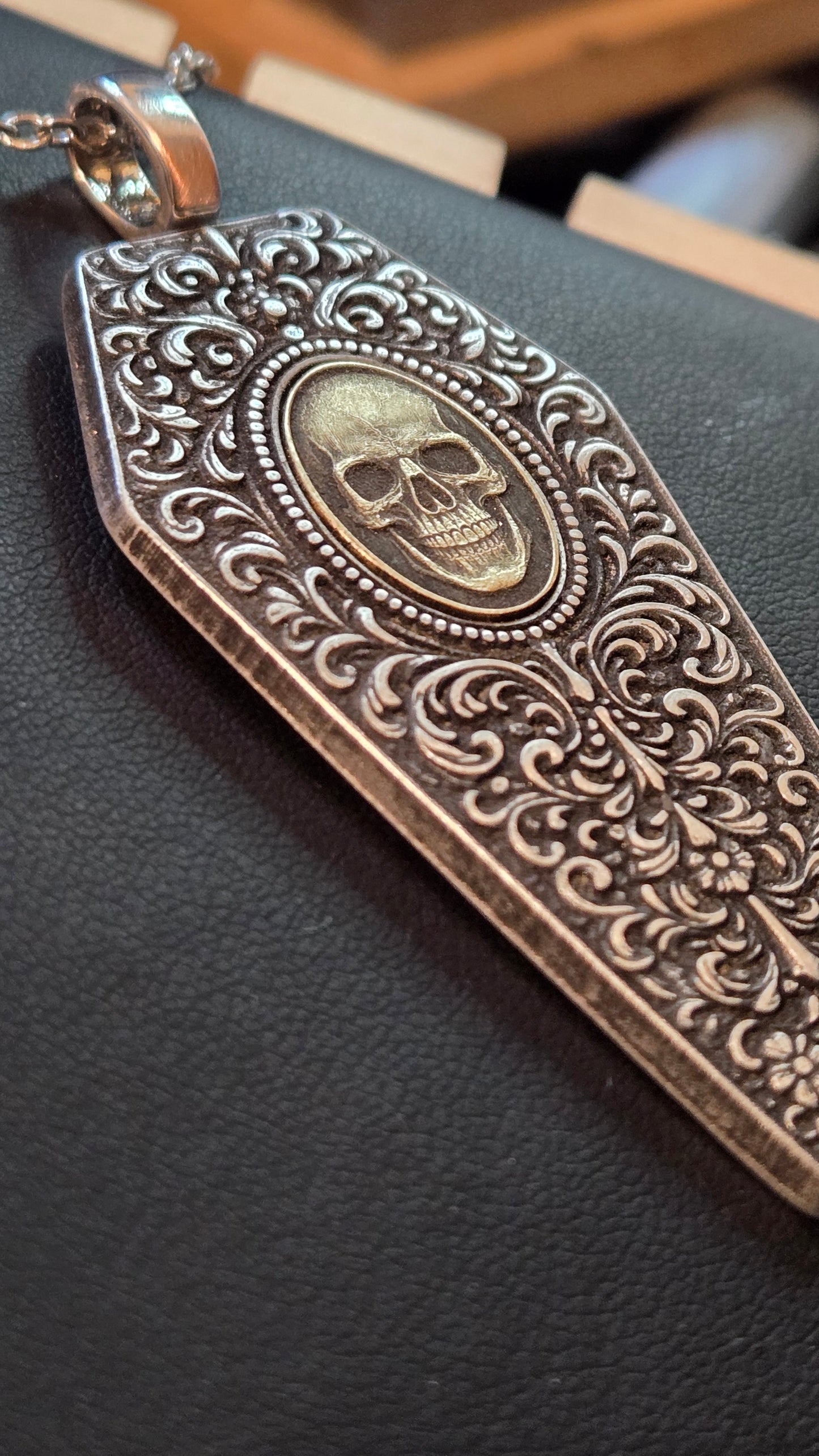 Filigree Coffin Necklace with Brass Skull Inlay