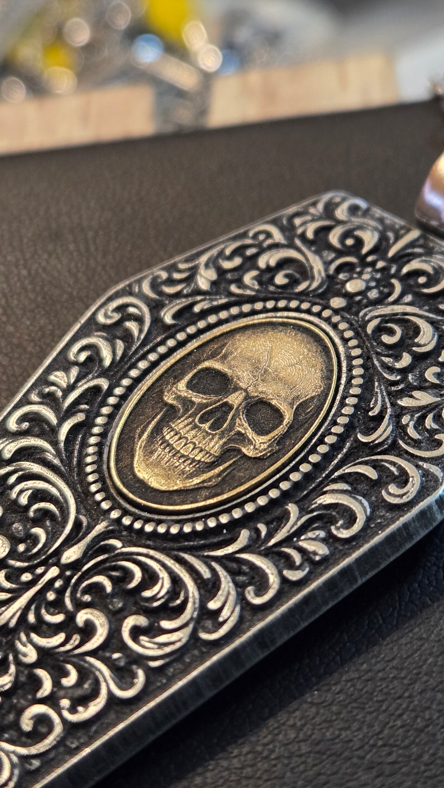 Filigree Coffin Necklace with Brass Skull Inlay