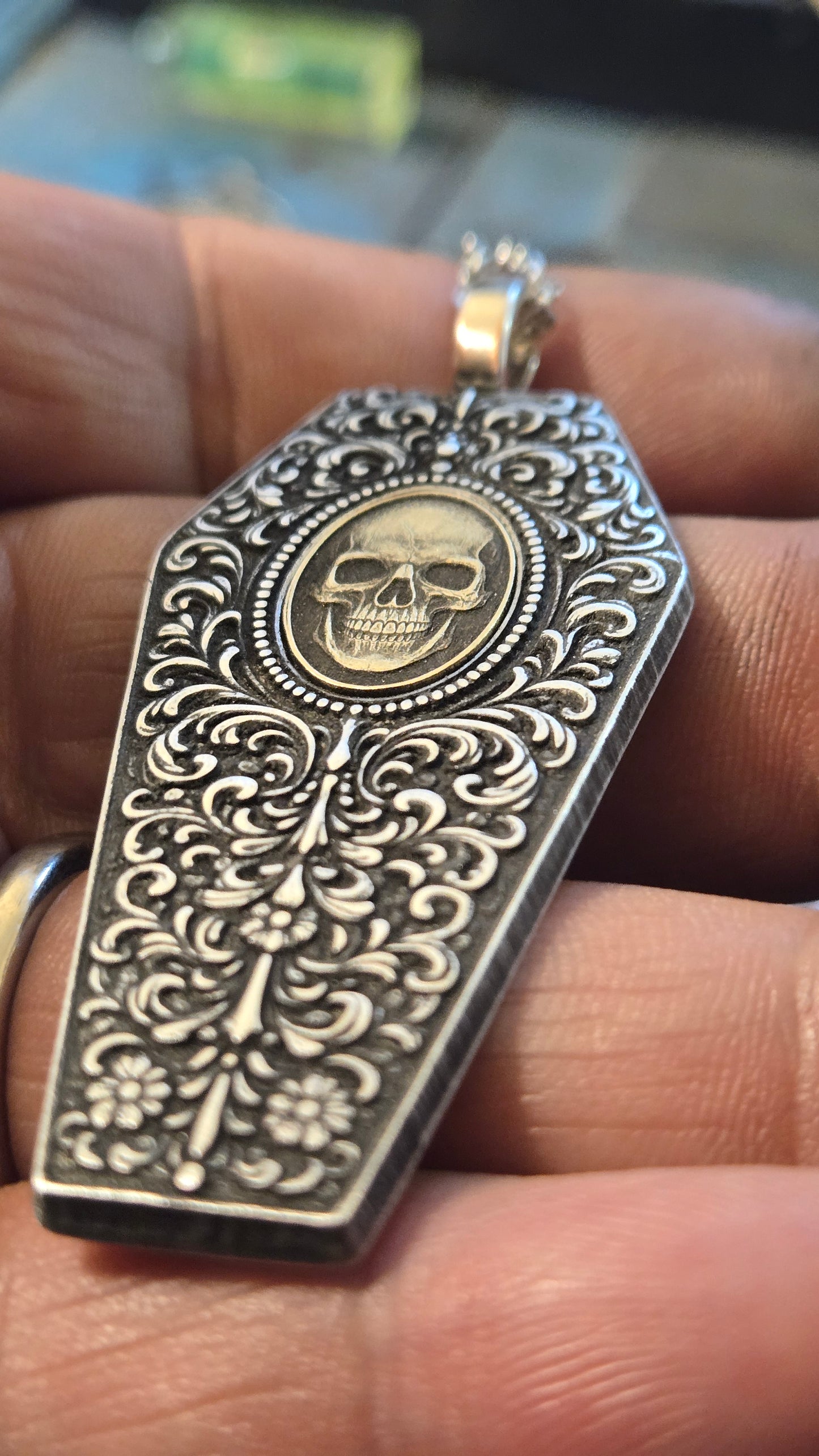 Filigree Coffin Necklace with Brass Skull Inlay