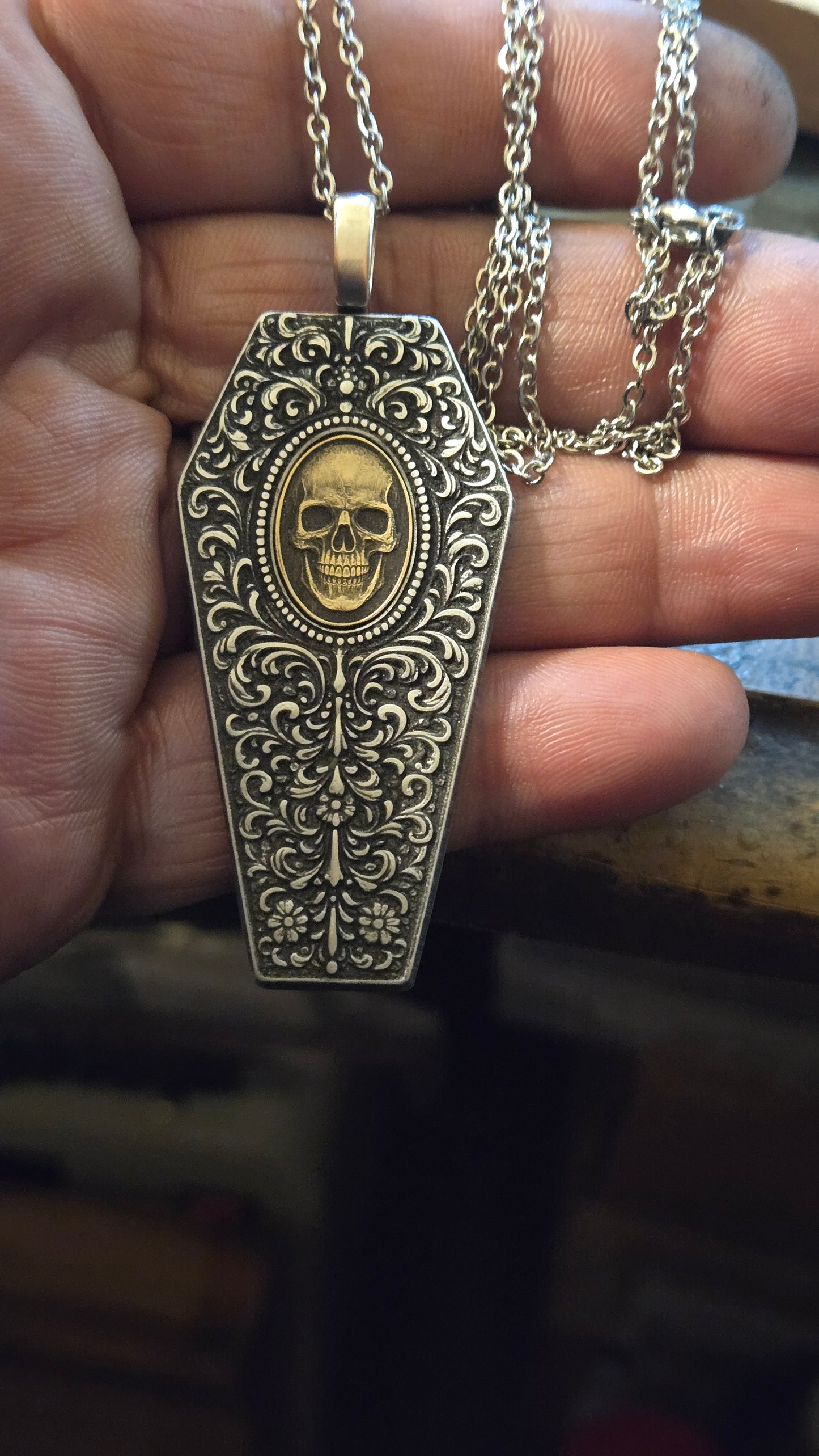 Filigree Coffin Necklace with Brass Skull Inlay