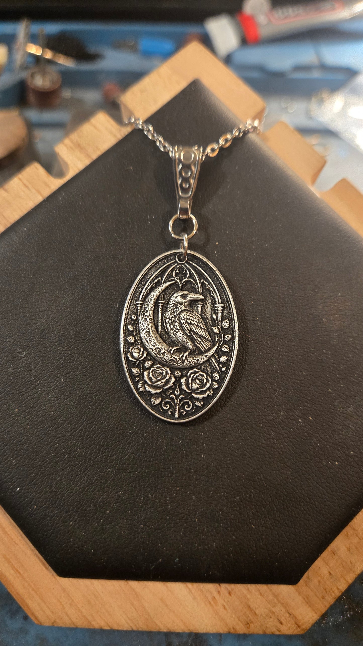 Custom Raven Moon & Rose Pendant