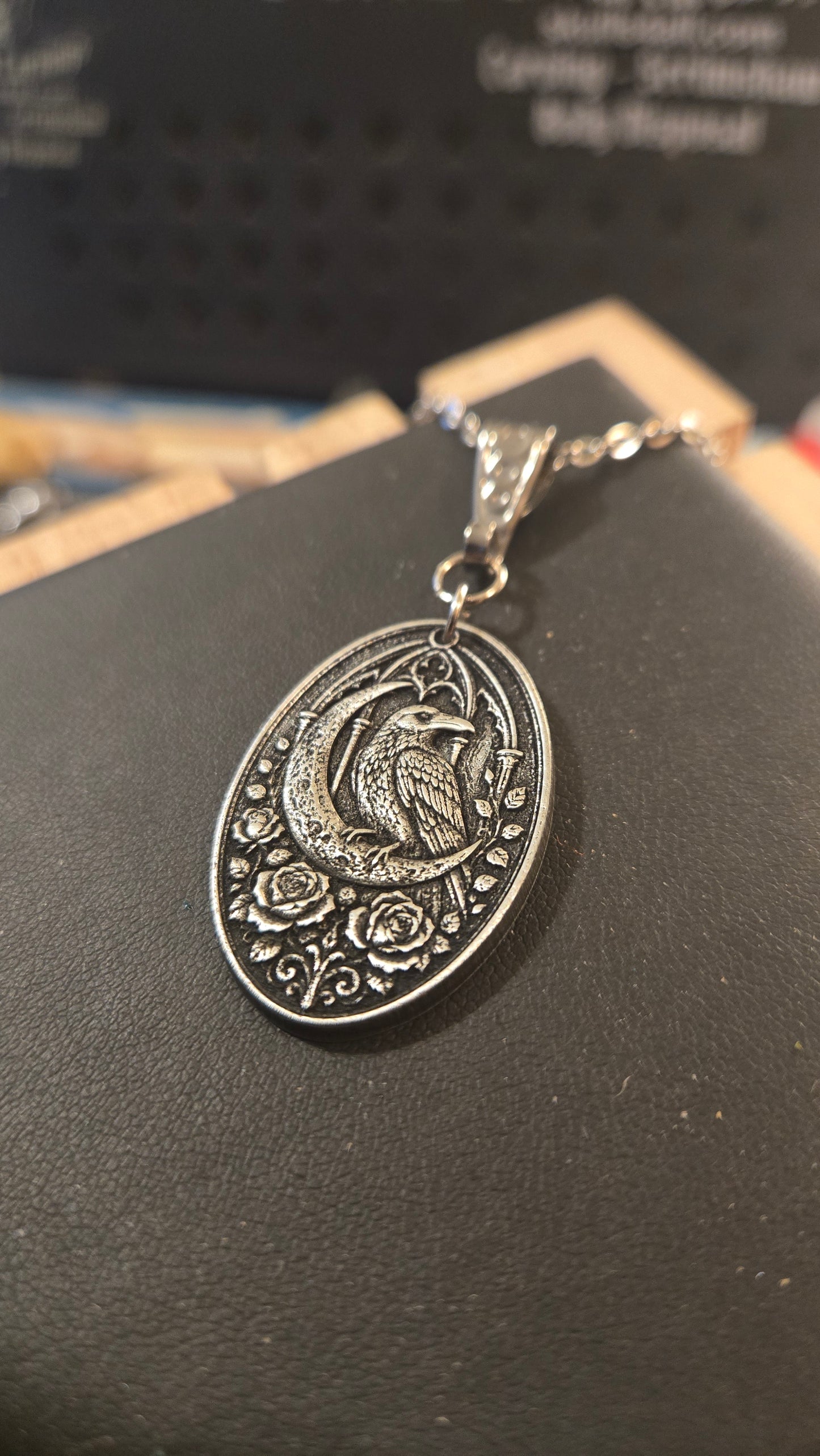 Custom Raven Moon & Rose Pendant