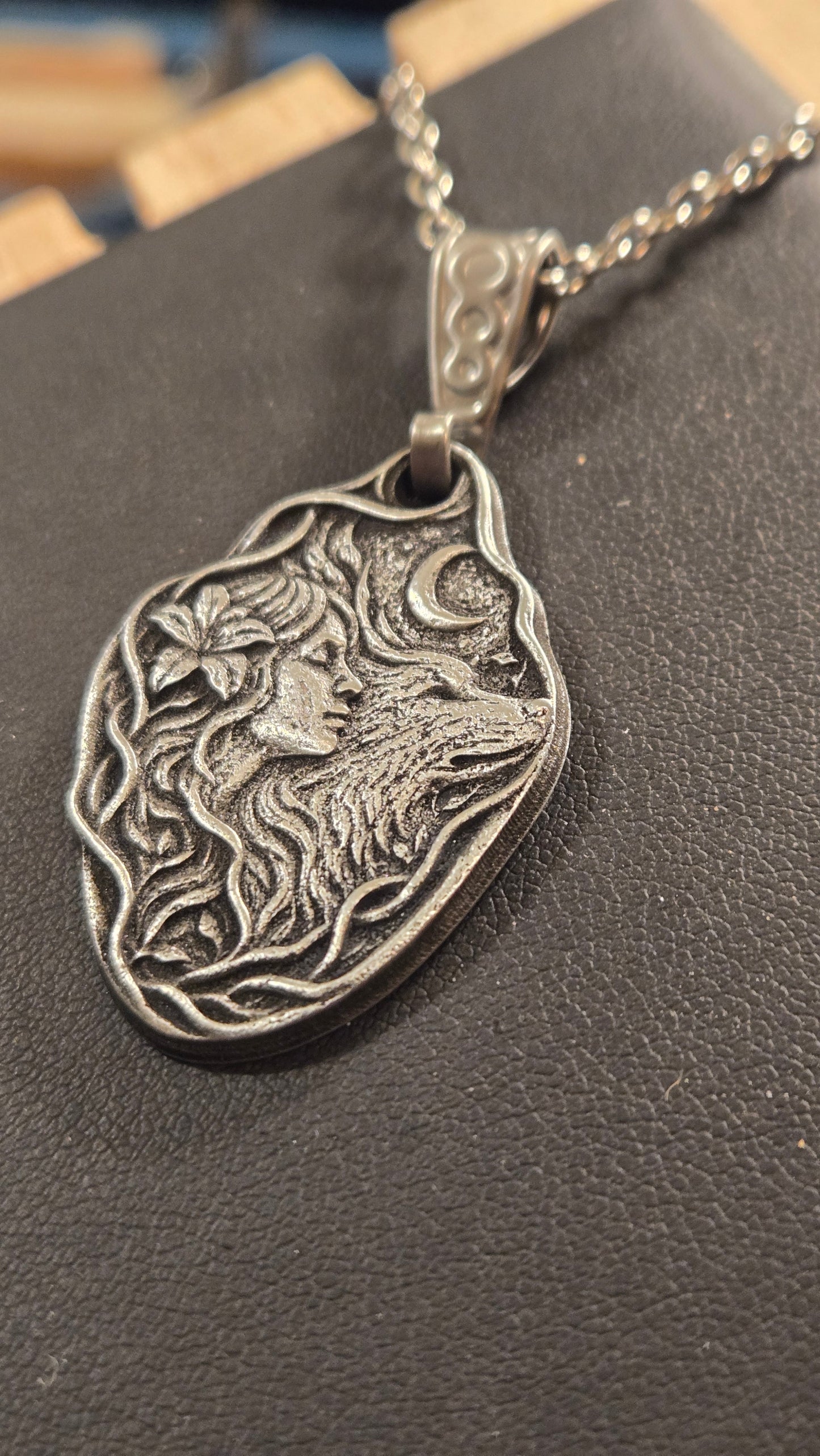 Custom Woman & Wolf Moon Pendant