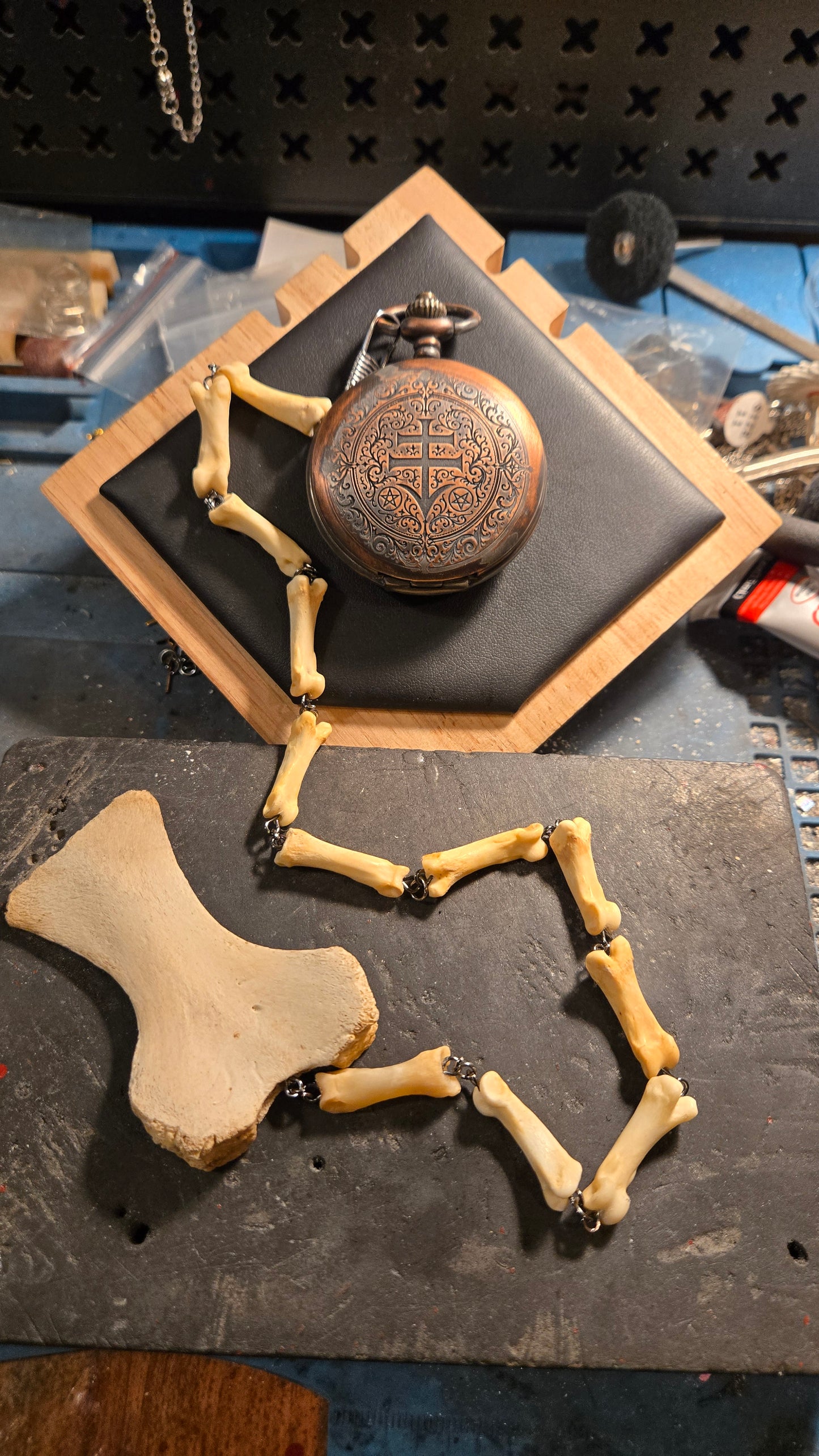 Custom Aged Satanic Skeleton Pocket Watch – Real Coyote Bone Fob