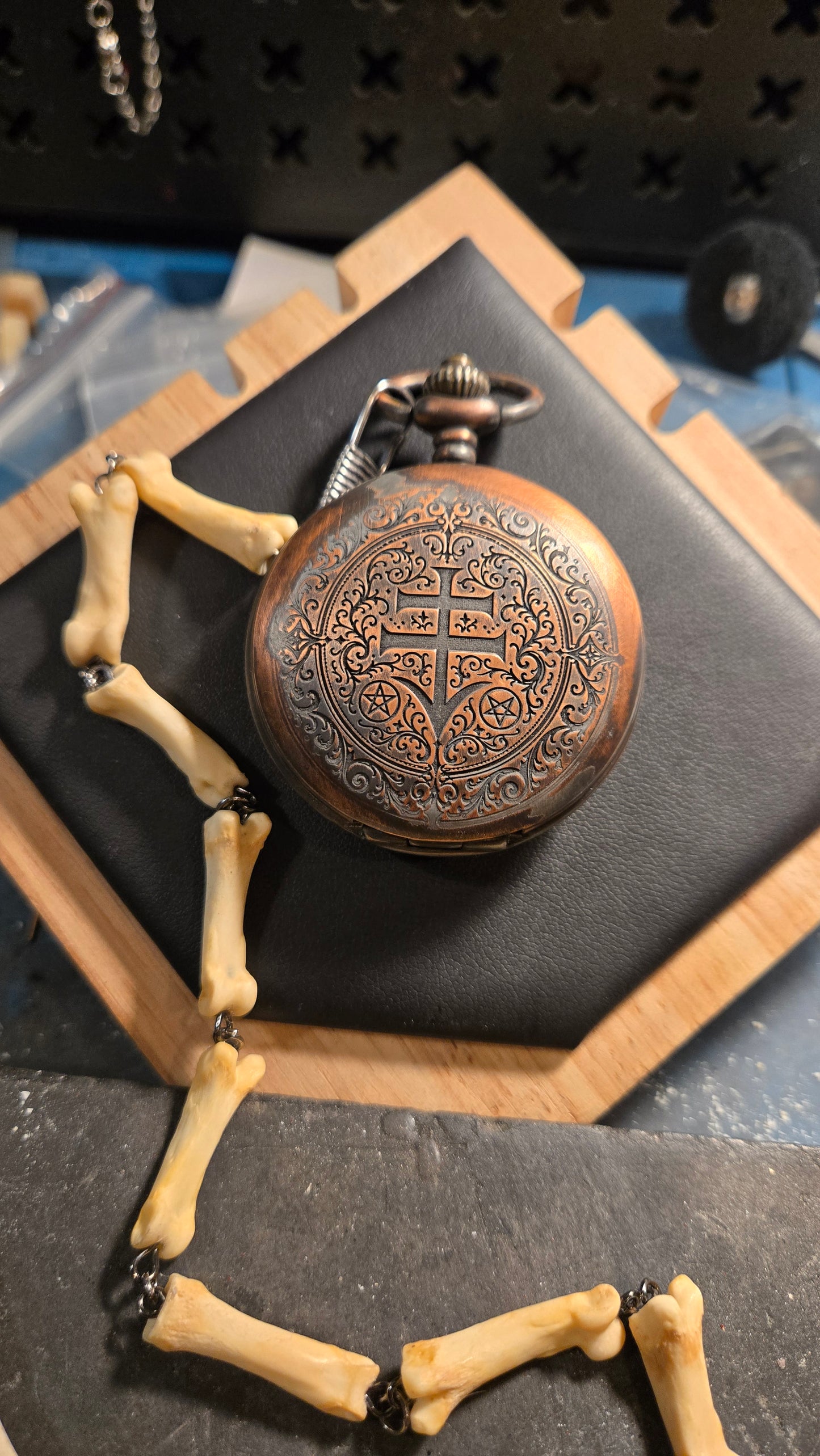 Custom Aged Satanic Skeleton Pocket Watch – Real Coyote Bone Fob