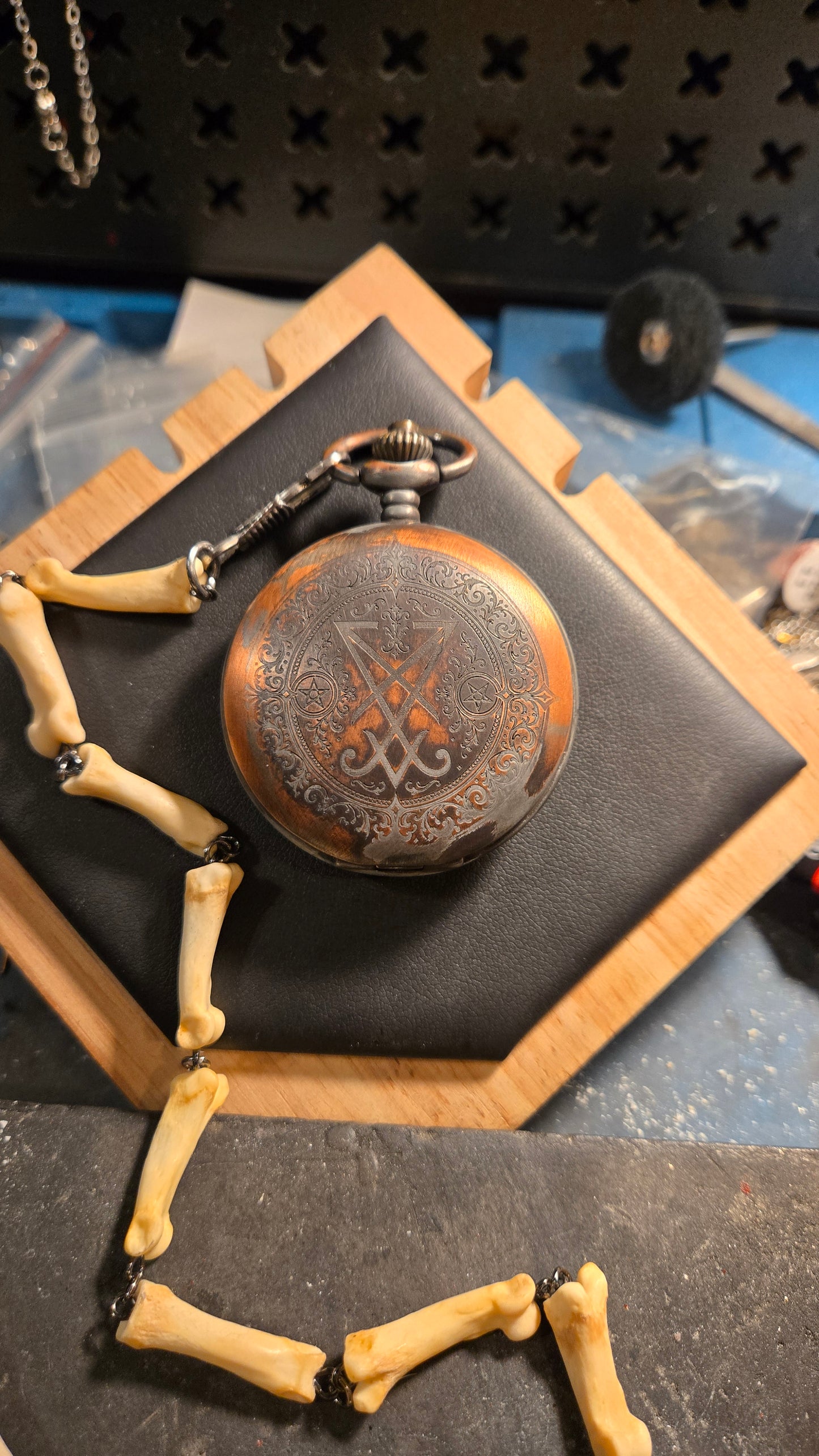 Custom Aged Satanic Skeleton Pocket Watch – Real Coyote Bone Fob