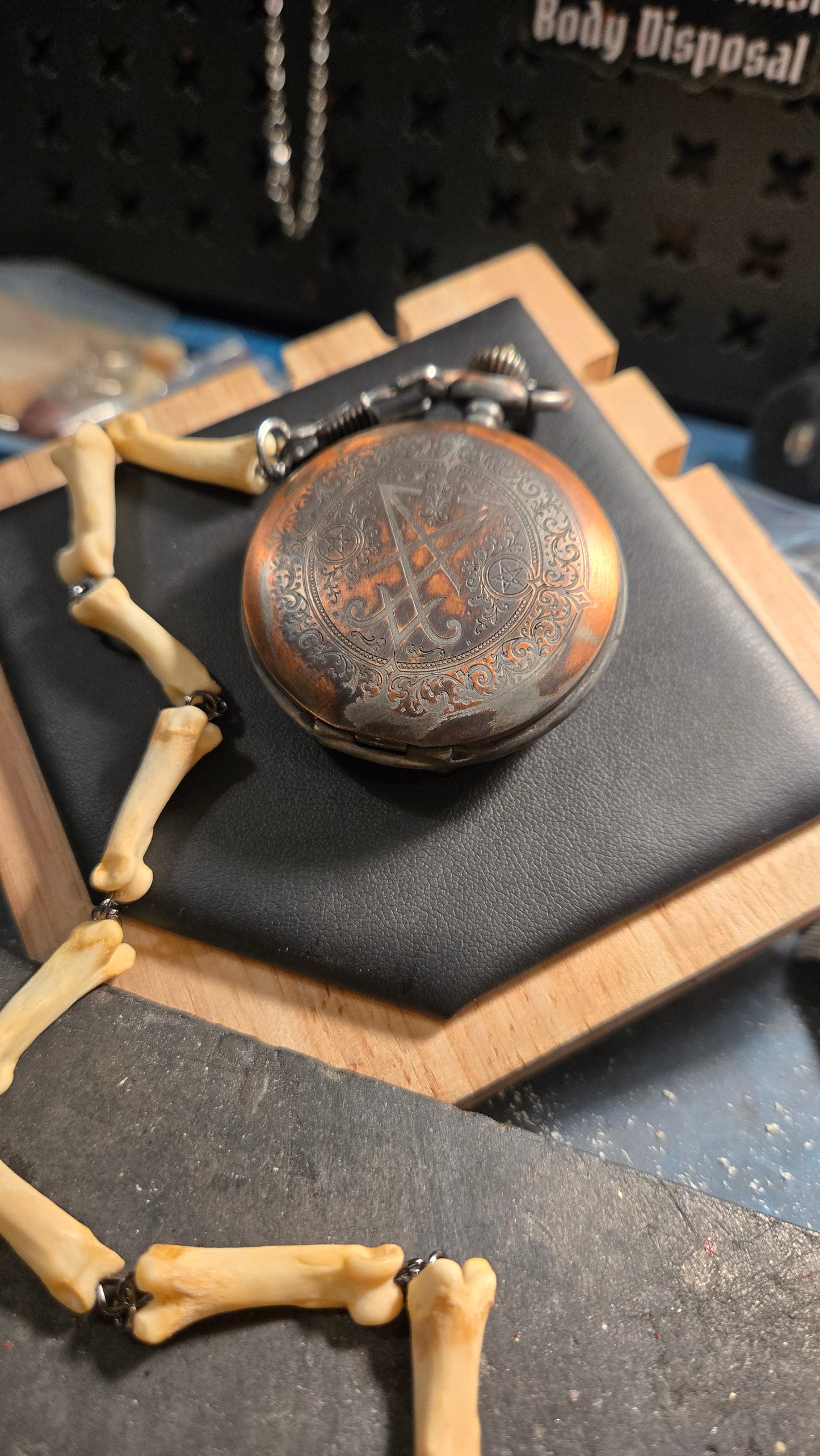 Custom Aged Satanic Skeleton Pocket Watch – Real Coyote Bone Fob