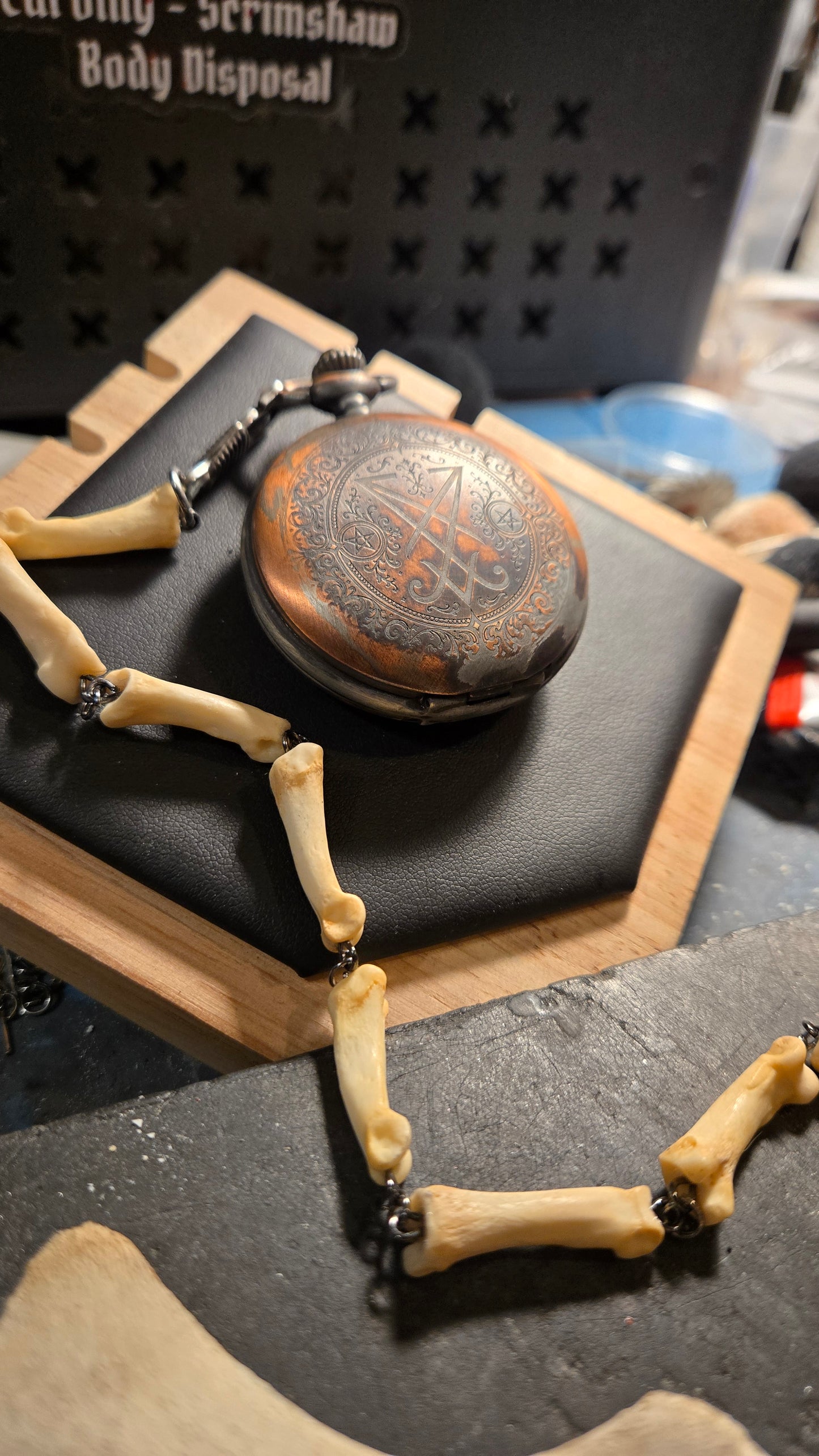 Custom Aged Satanic Skeleton Pocket Watch – Real Coyote Bone Fob