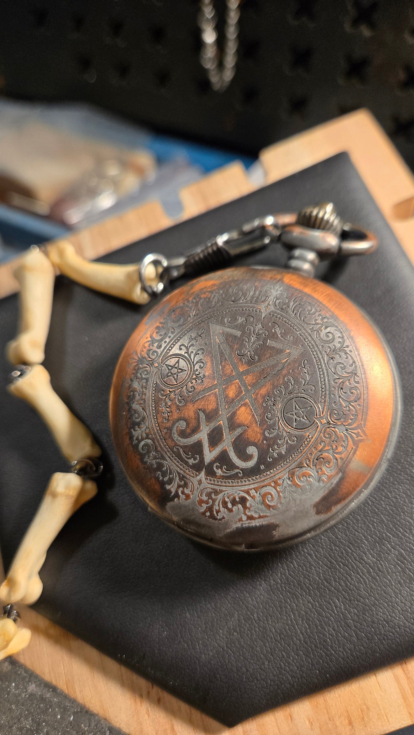 Custom Aged Satanic Skeleton Pocket Watch – Real Coyote Bone Fob