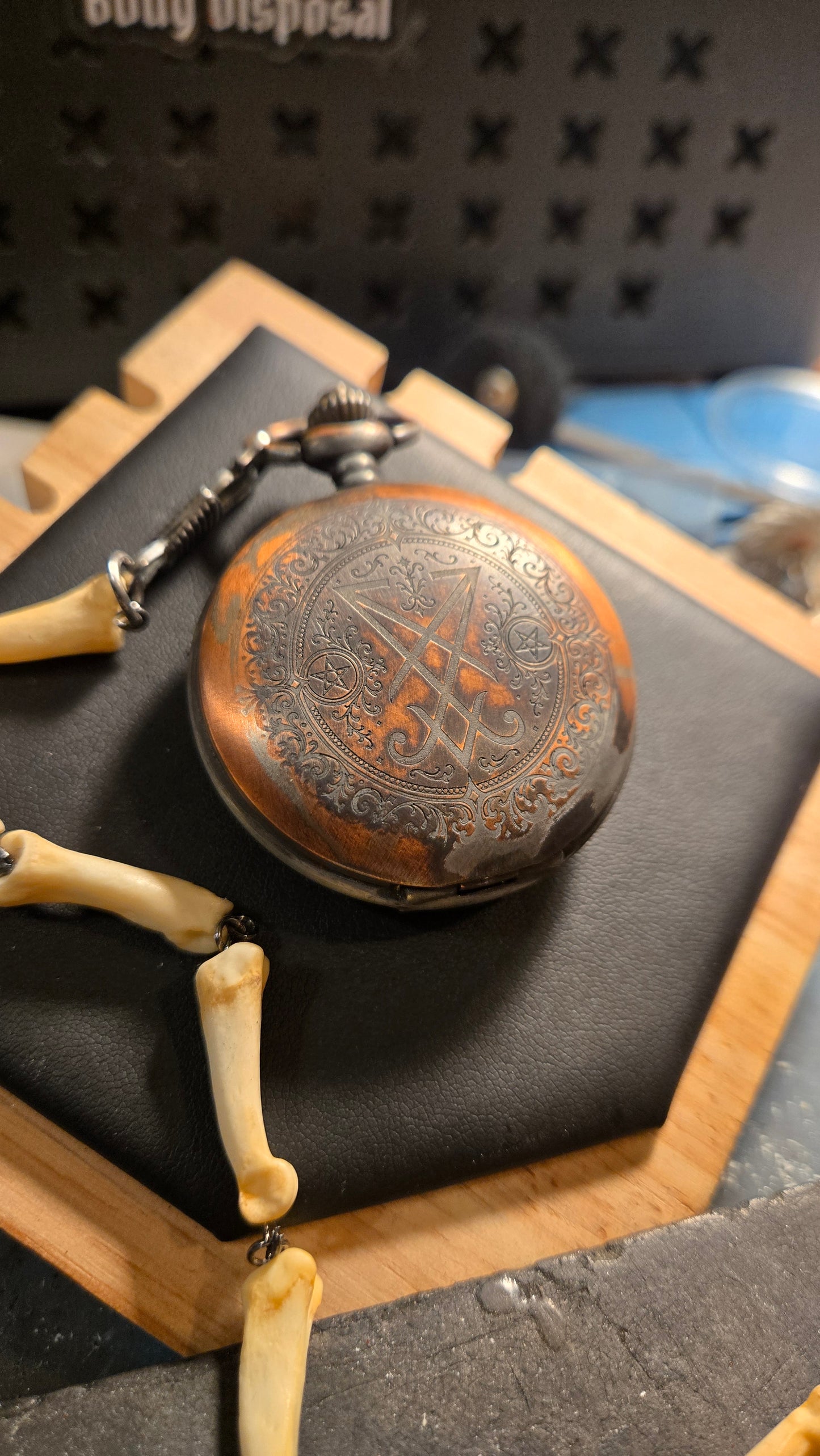 Custom Aged Satanic Skeleton Pocket Watch – Real Coyote Bone Fob