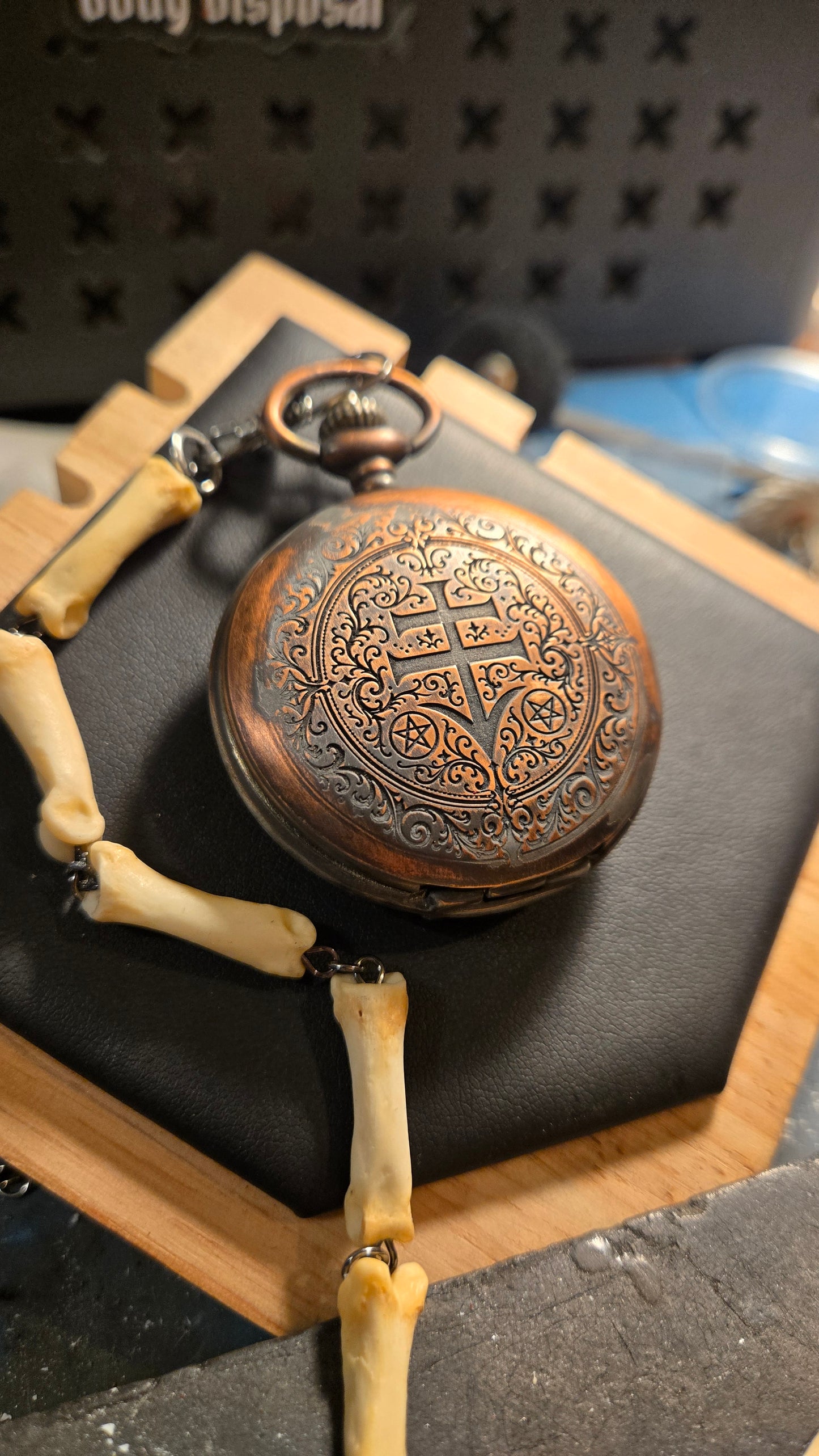 Custom Aged Satanic Skeleton Pocket Watch – Real Coyote Bone Fob