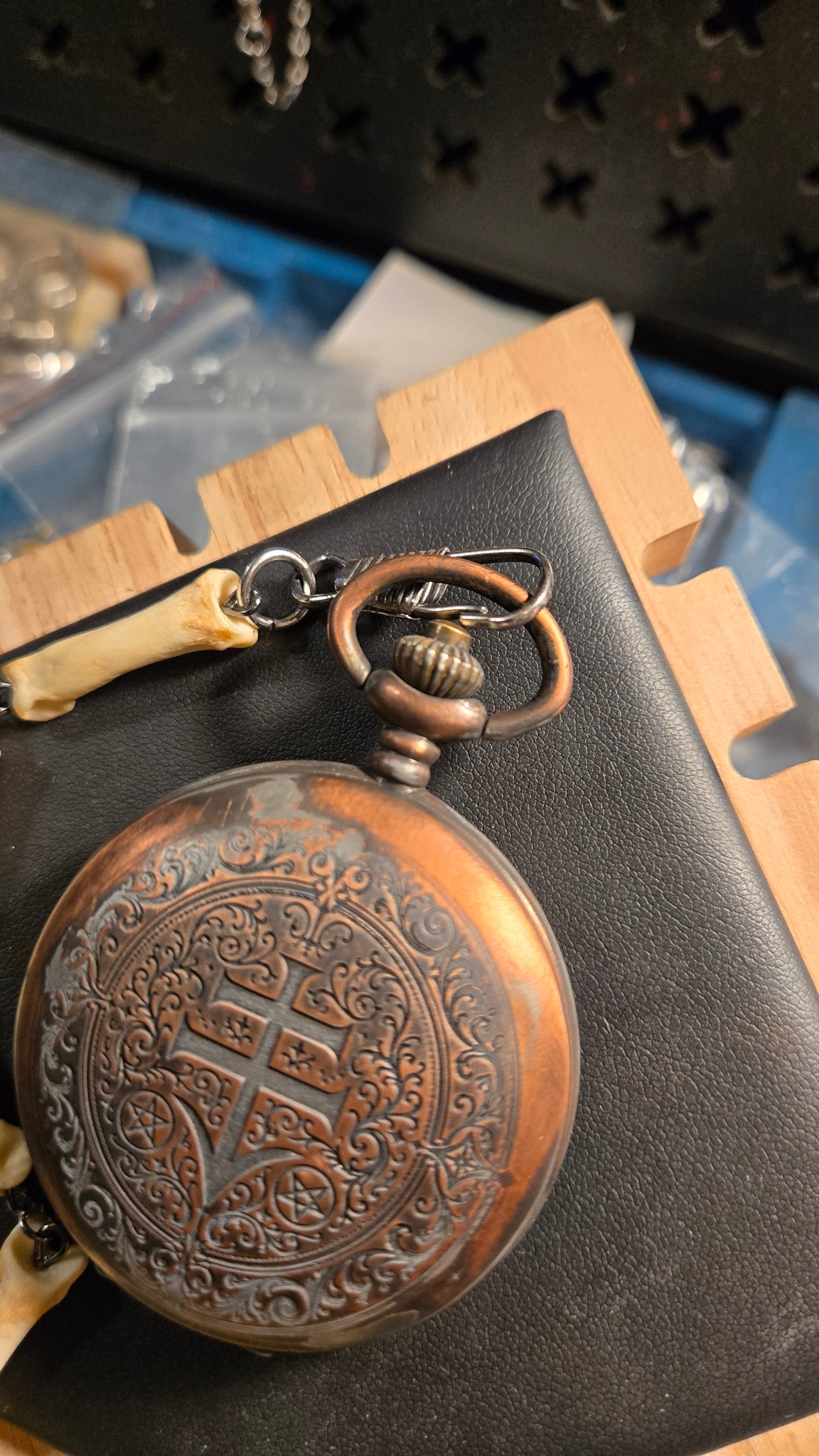 Custom Aged Satanic Skeleton Pocket Watch – Real Coyote Bone Fob